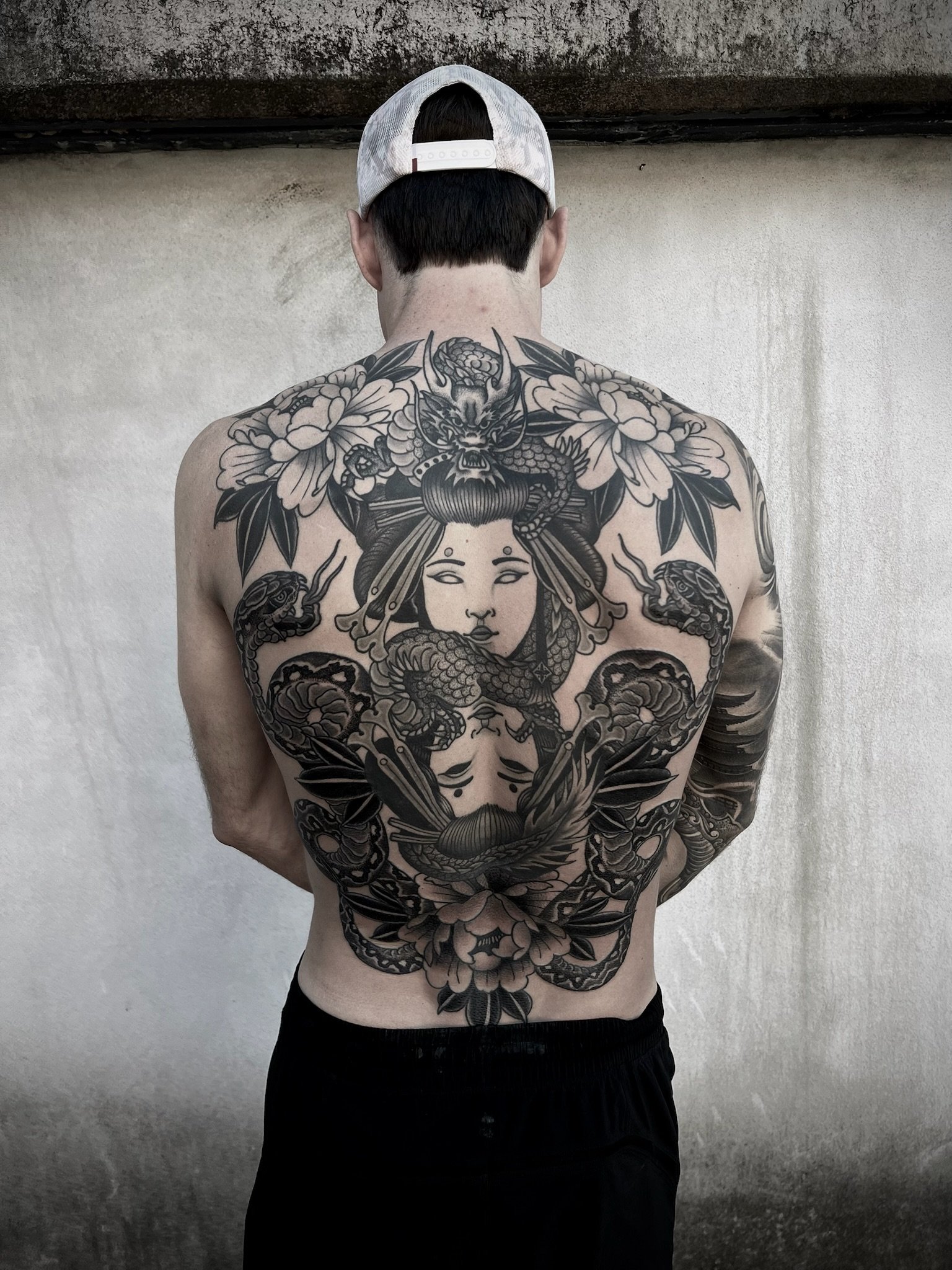 full back tattoo black and grey extra large scale tattoo central coast