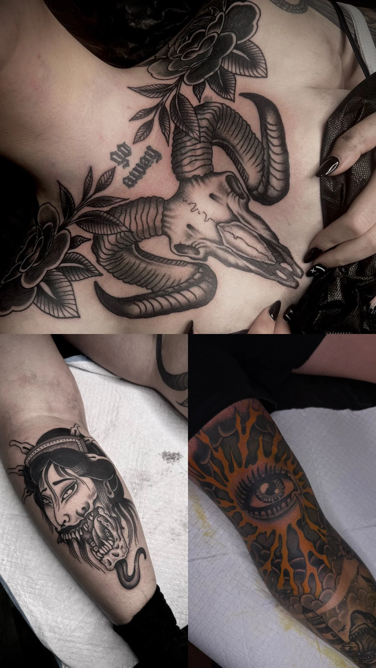 large scale tattoos, black and grey chest piece, colour knee piece, black and grey geisha calf piece