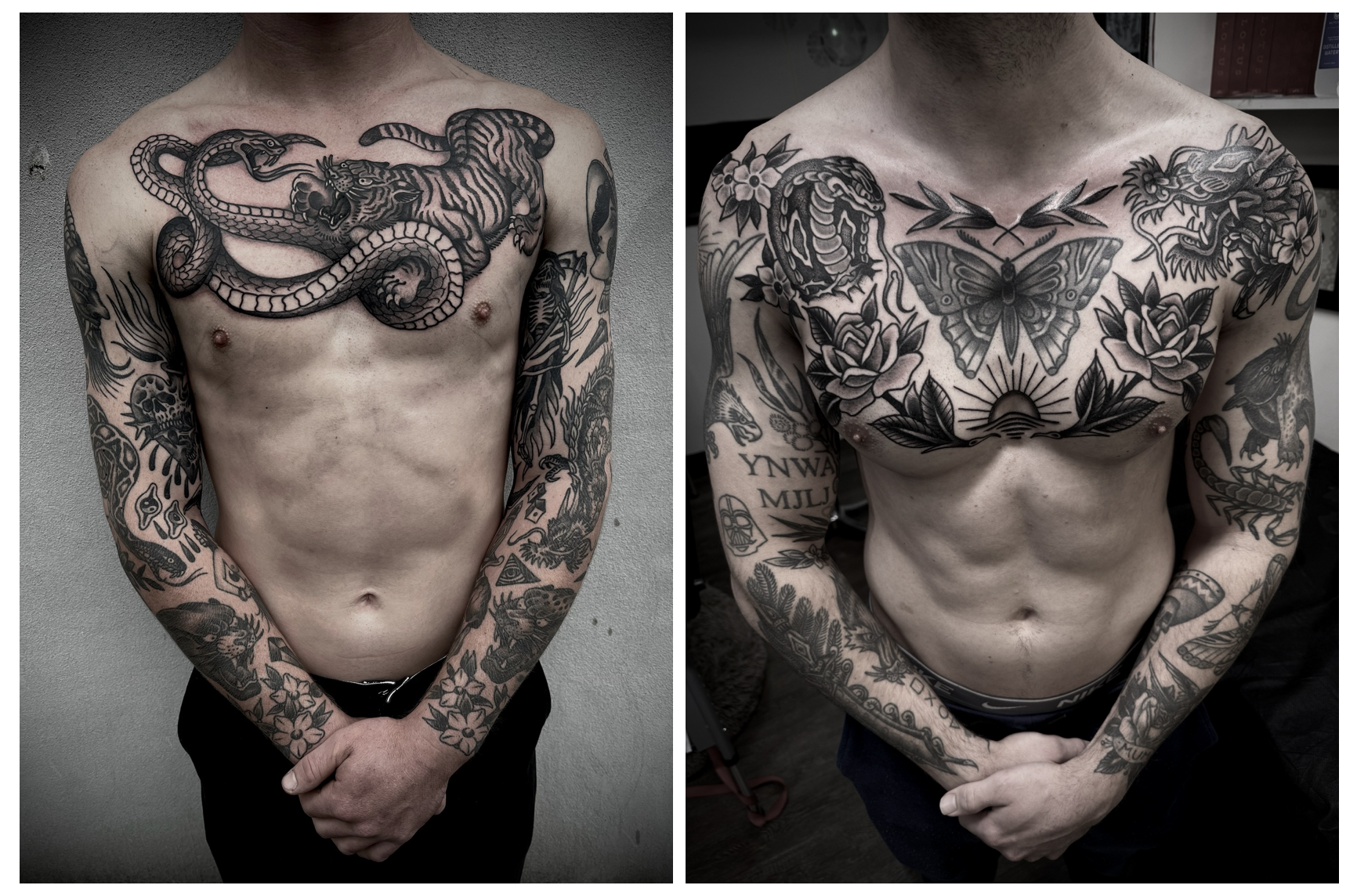 black and grey snake and tiger chest tattoo and dragon and snake flowers and butterfly chest tattoo traditional bold line style central coast tattoo studio