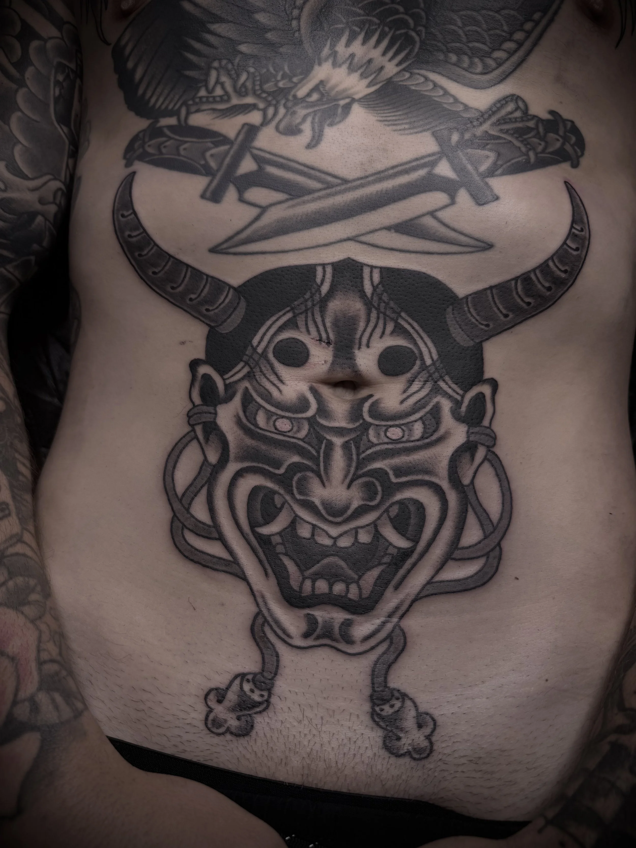 japanese hannya stomach tattoo black and grey