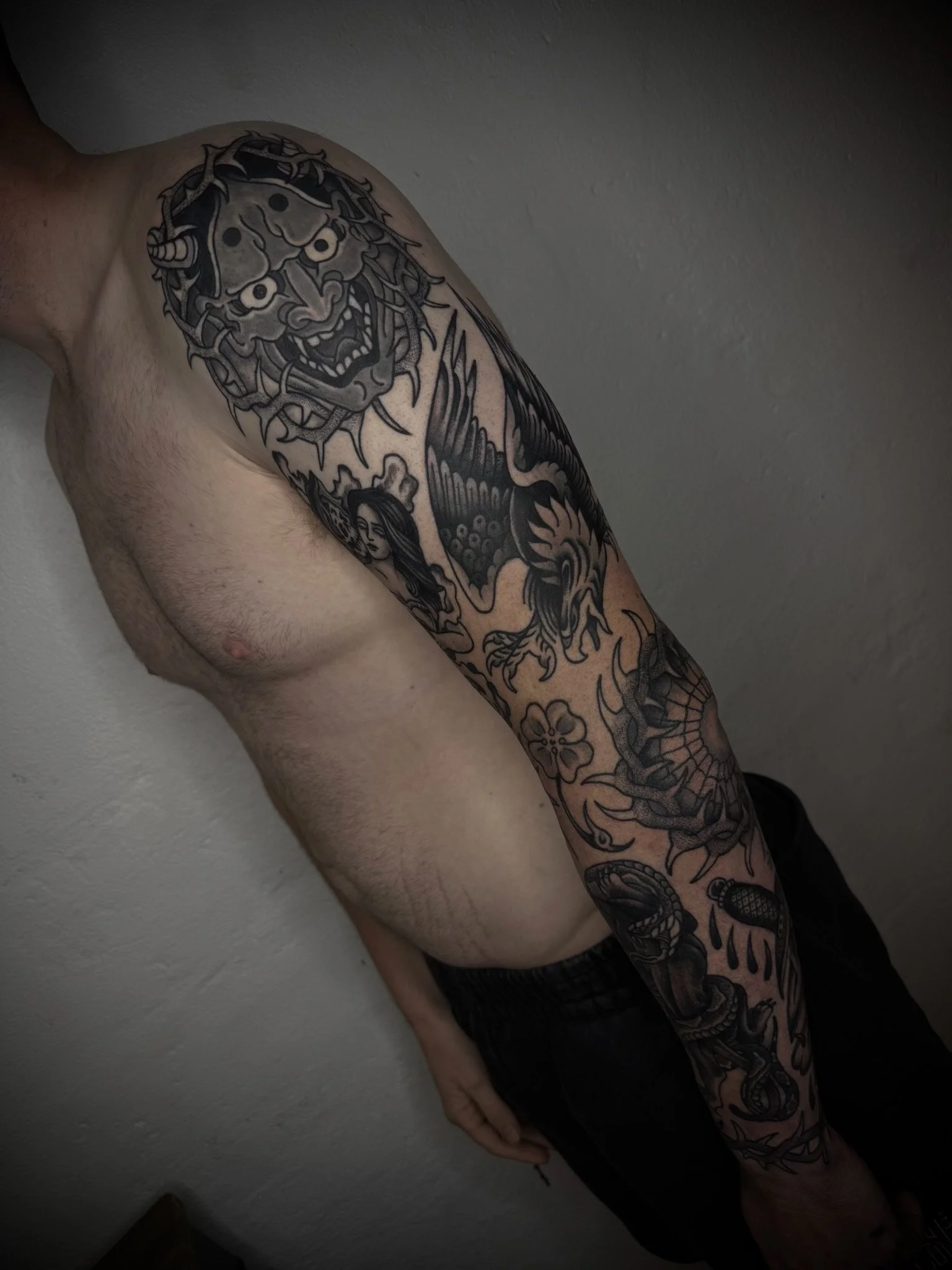 full arm sleeve black and grey tattoo extra large tattoo