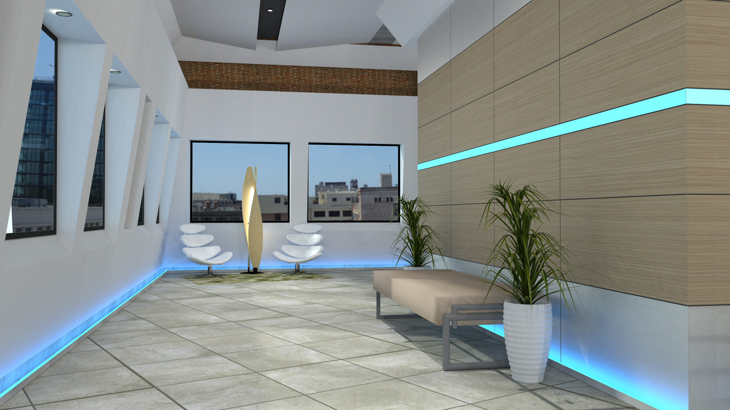 An early render of a wall build and set dressing in the penthouse we shot in. I modeled the existing penthouse in 3D and then modeled the builds for approval. Design by Derrick Hinman Decor by Lauree Martell