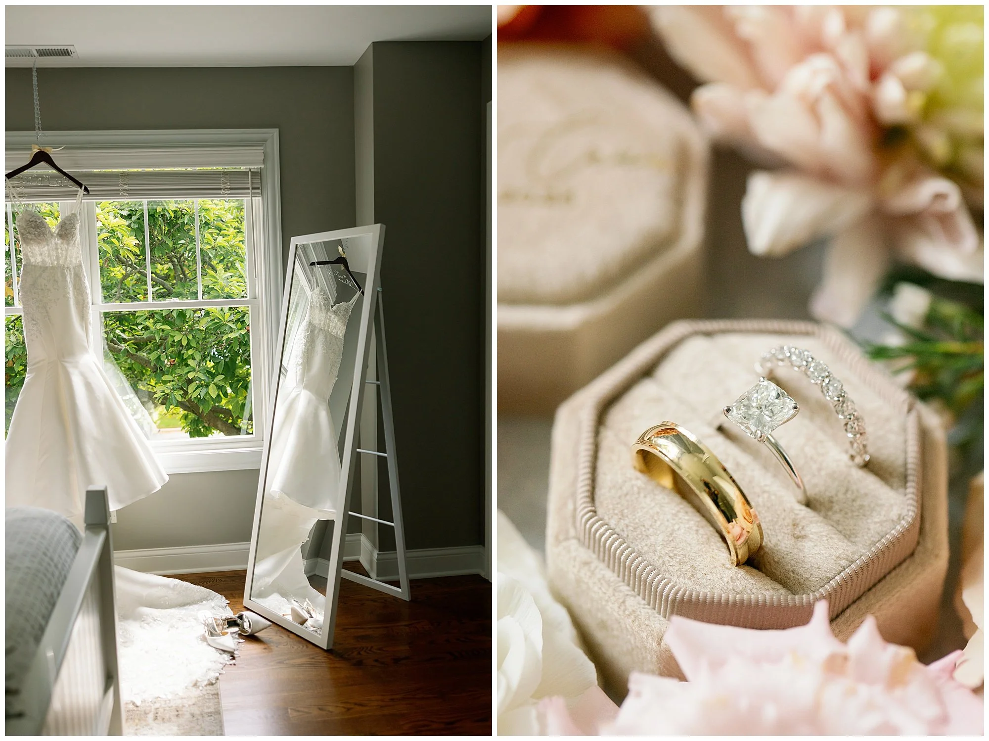  Bridal details including dress and bouquet at Chicago suburbs wedding 