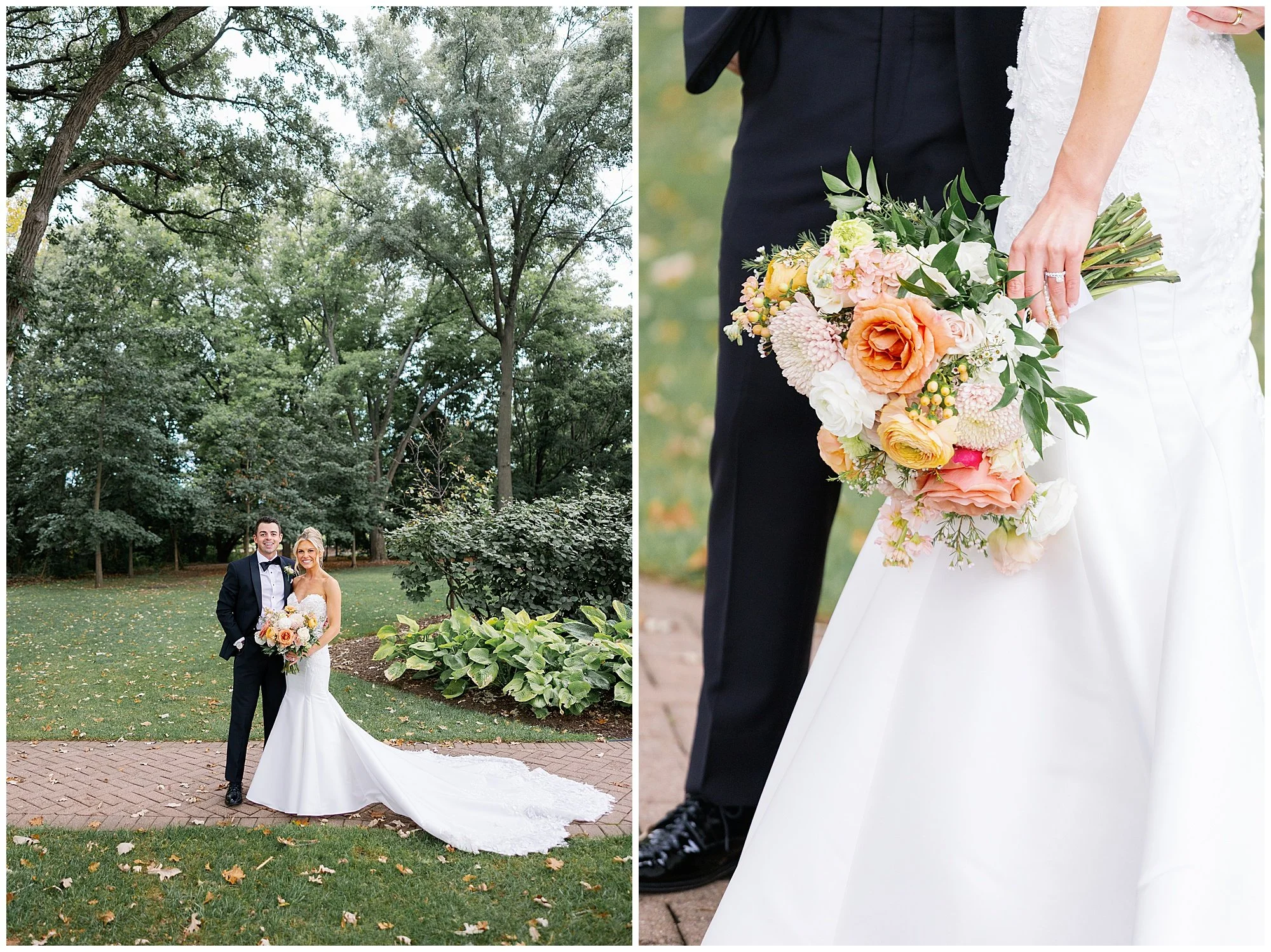  Bride and groom outside Hyatt Lodge wedding venue Chicago suburbs 