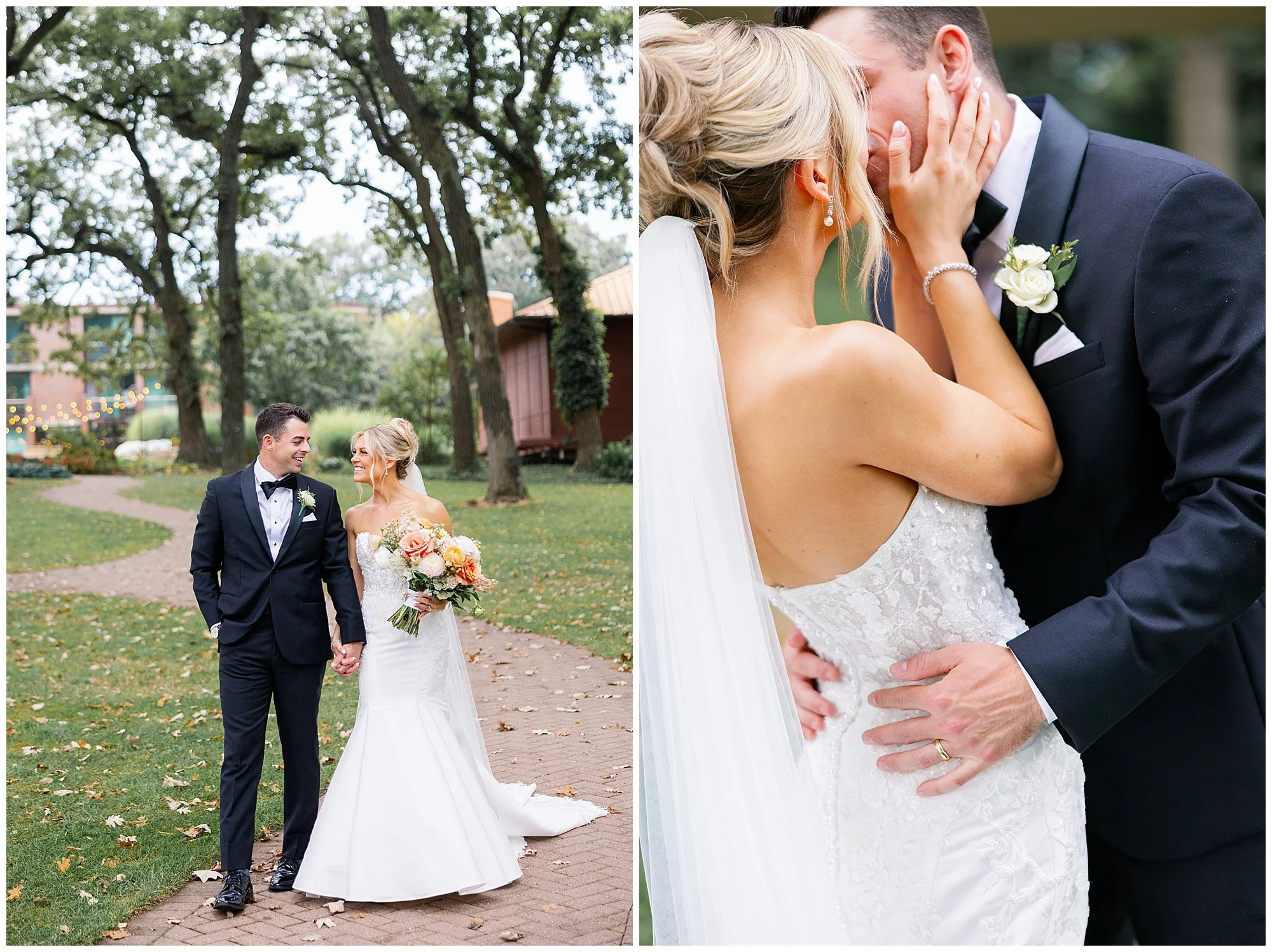  Bride and groom walking outside Hyatt Lodge wedding venue Chicago suburbs 