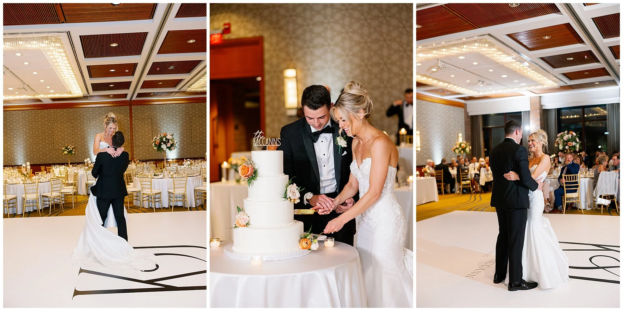  Newlyweds entering wedding reception at Hyatt Lodge Oak Brook Illinois 
