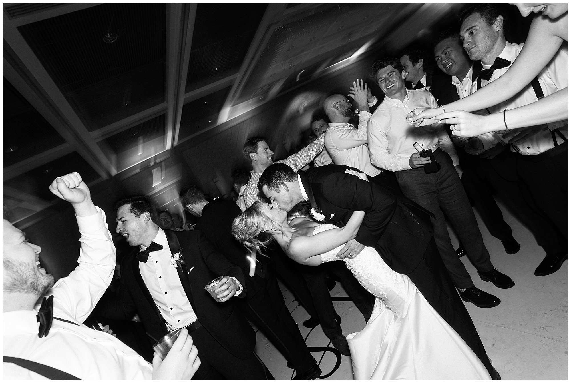  dance floor photos couple kissing at Hyatt Lodge wedding reception Chicago suburbs 