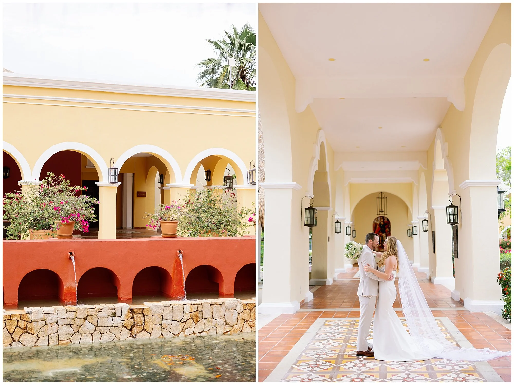  bride and groom in hallway at valentin imperial resort in riviera maya 