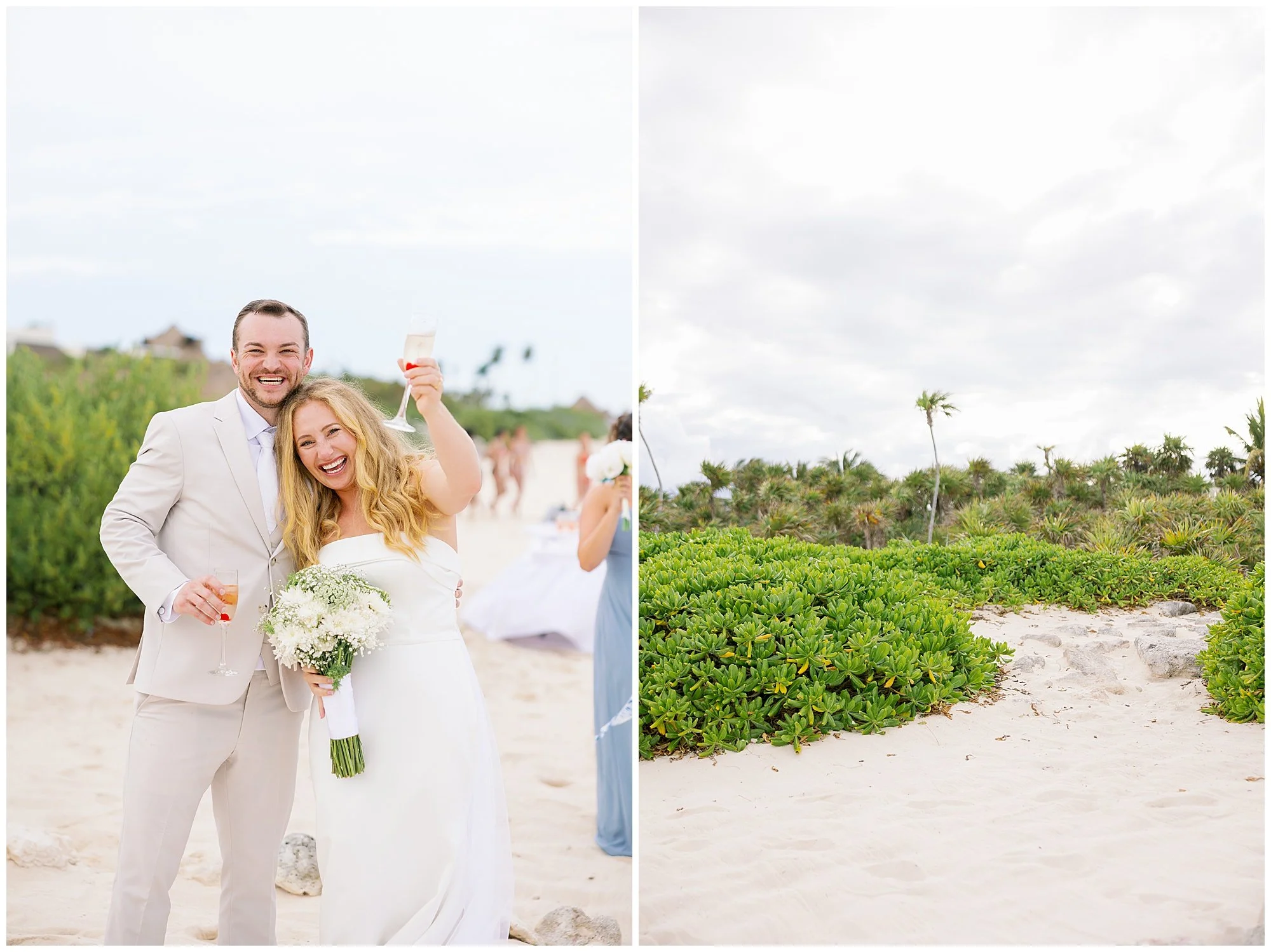  bride and groom cheering with champagne at valentin imperial resort in riviera maya 