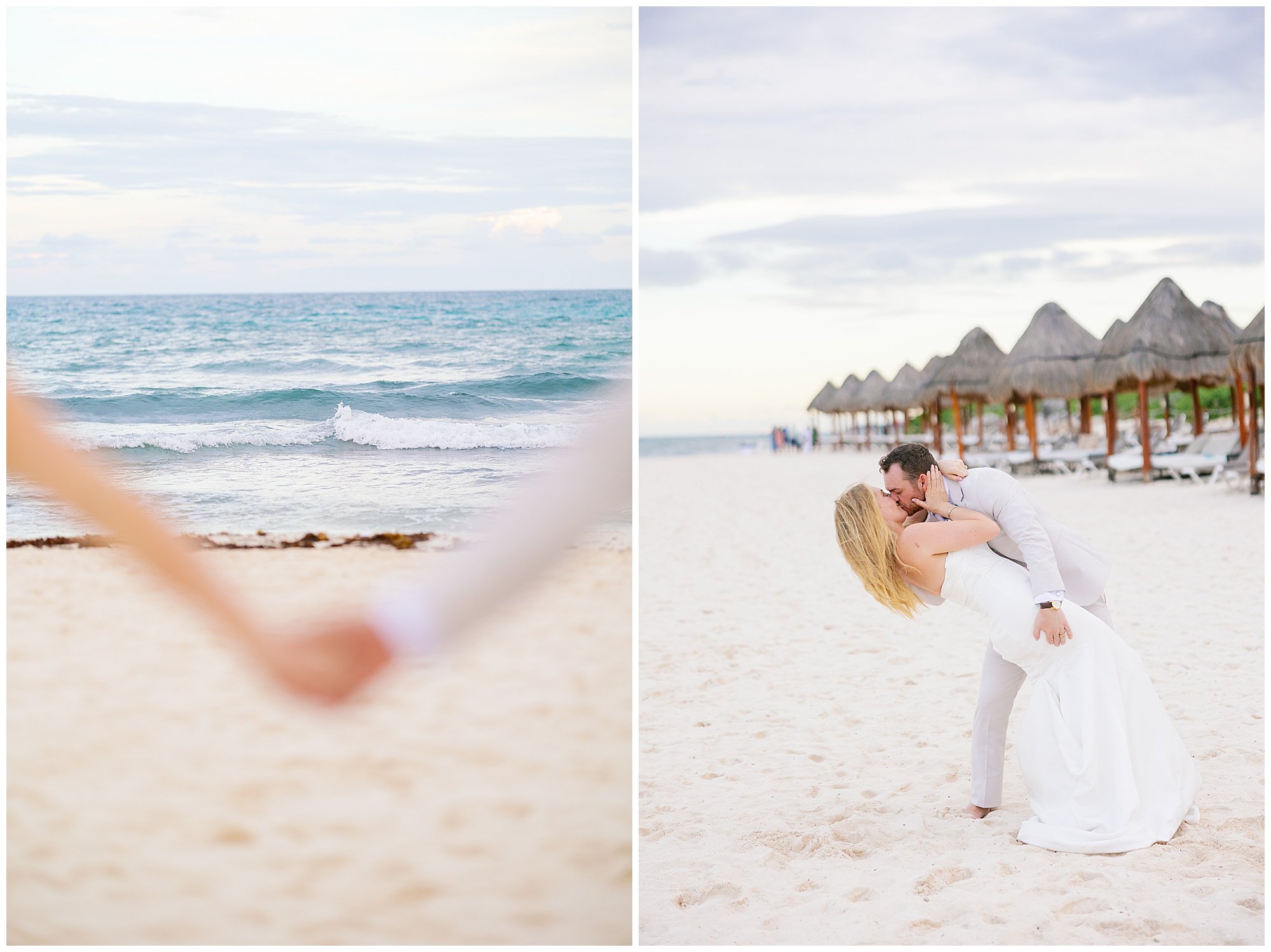 bride and groom kissing on the beach at valentin imperial resort in riviera maya 