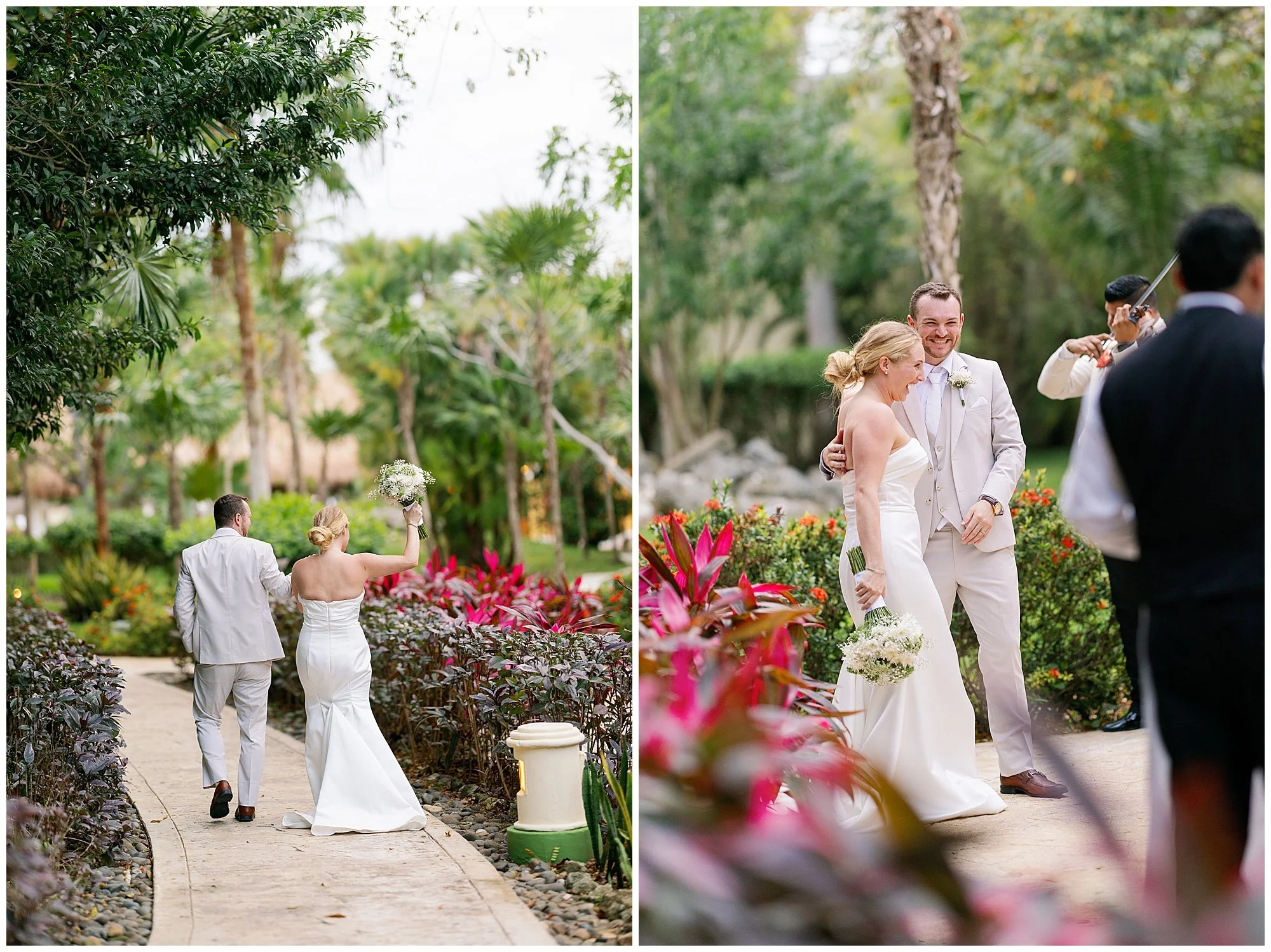  bride and groom walking into cocktail hour at valentin imperial resort in riviera maya 