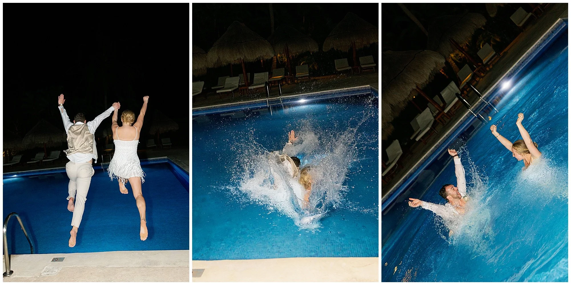  bride and groom jumping into pool after wedding at valentin imperial resort in riviera maya 