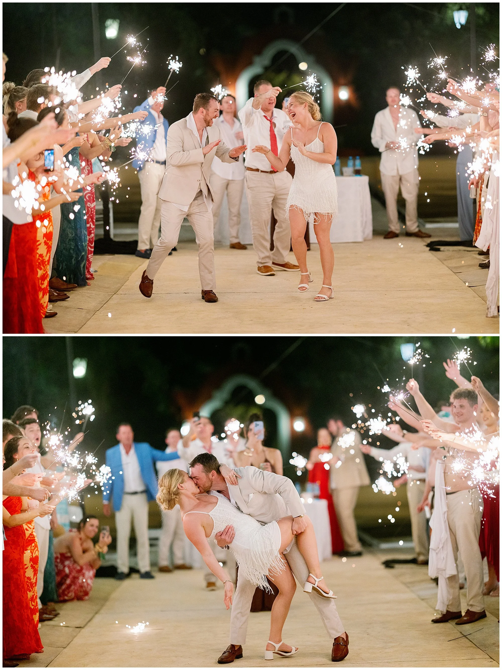  bride and groom walking through sparklers at valentin imperial resort in riviera maya 