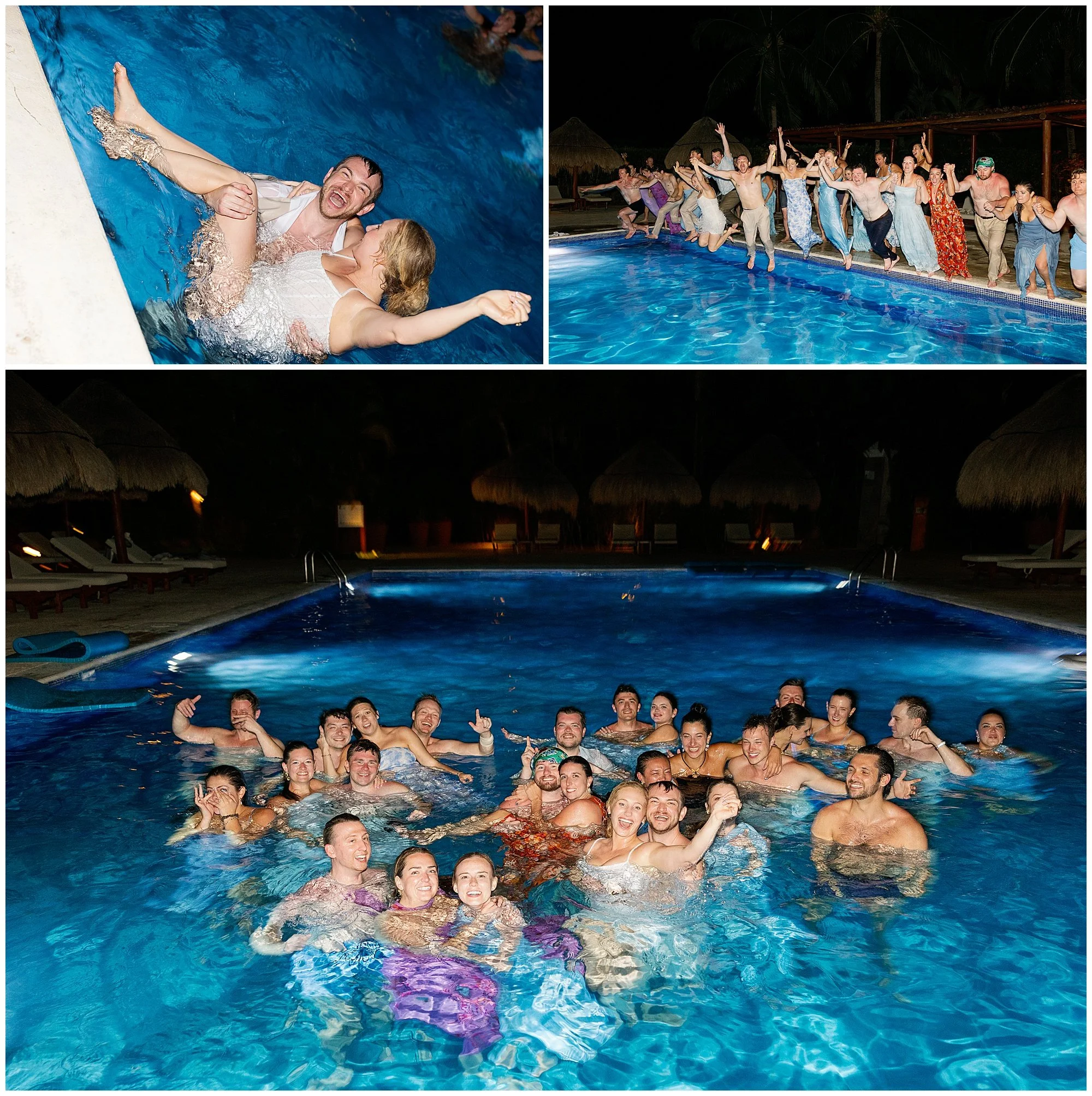  bride and groom with their friends jumping into pool after wedding at valentin imperial resort in riviera maya 