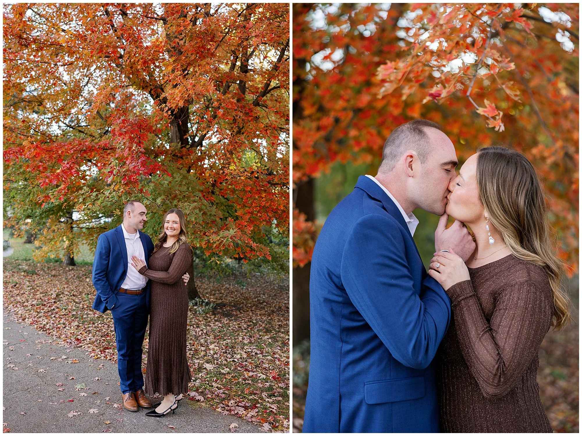  couple kissing in front of red fall leaves at nature boardwalk in lincoln park zoo 