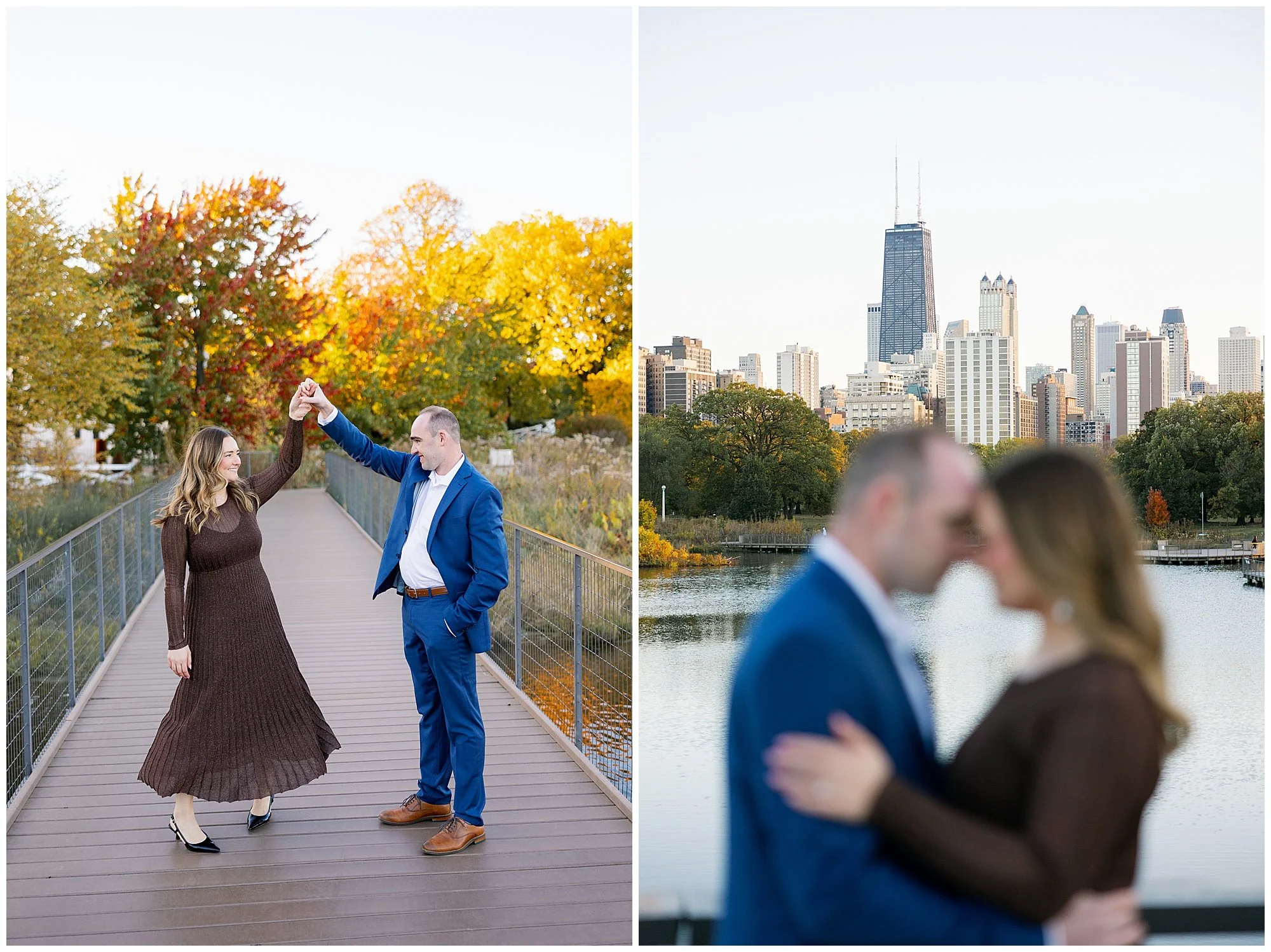  couple with chicago skyline at nature boardwalk in lincoln park zoo 