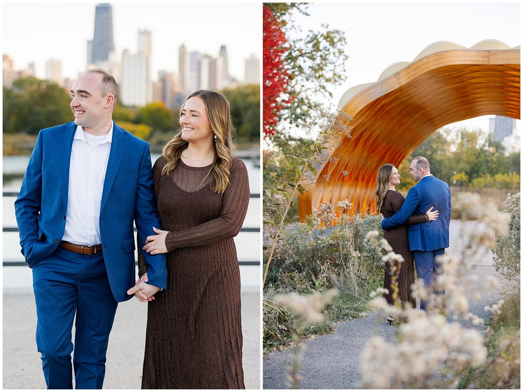  couple in front of honeycomb at nature boardwalk in lincoln park zoo 