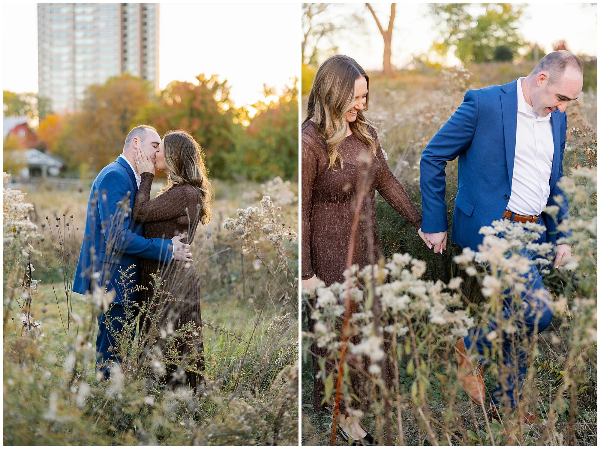  couple in tall fall grass at nature boardwalk in lincoln park zoo 