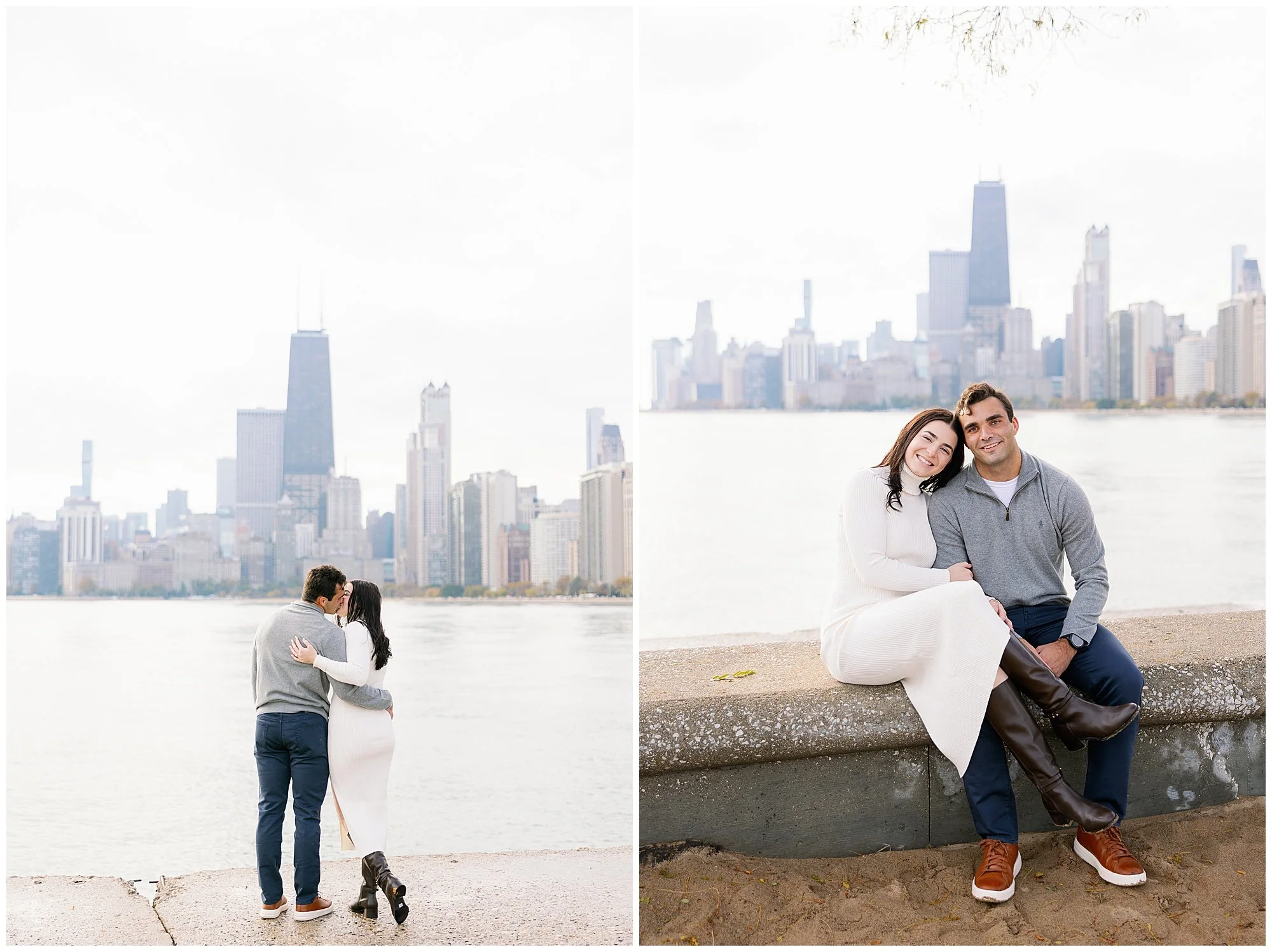  couple in front of the downtown chicago skyline at north avenue beach 