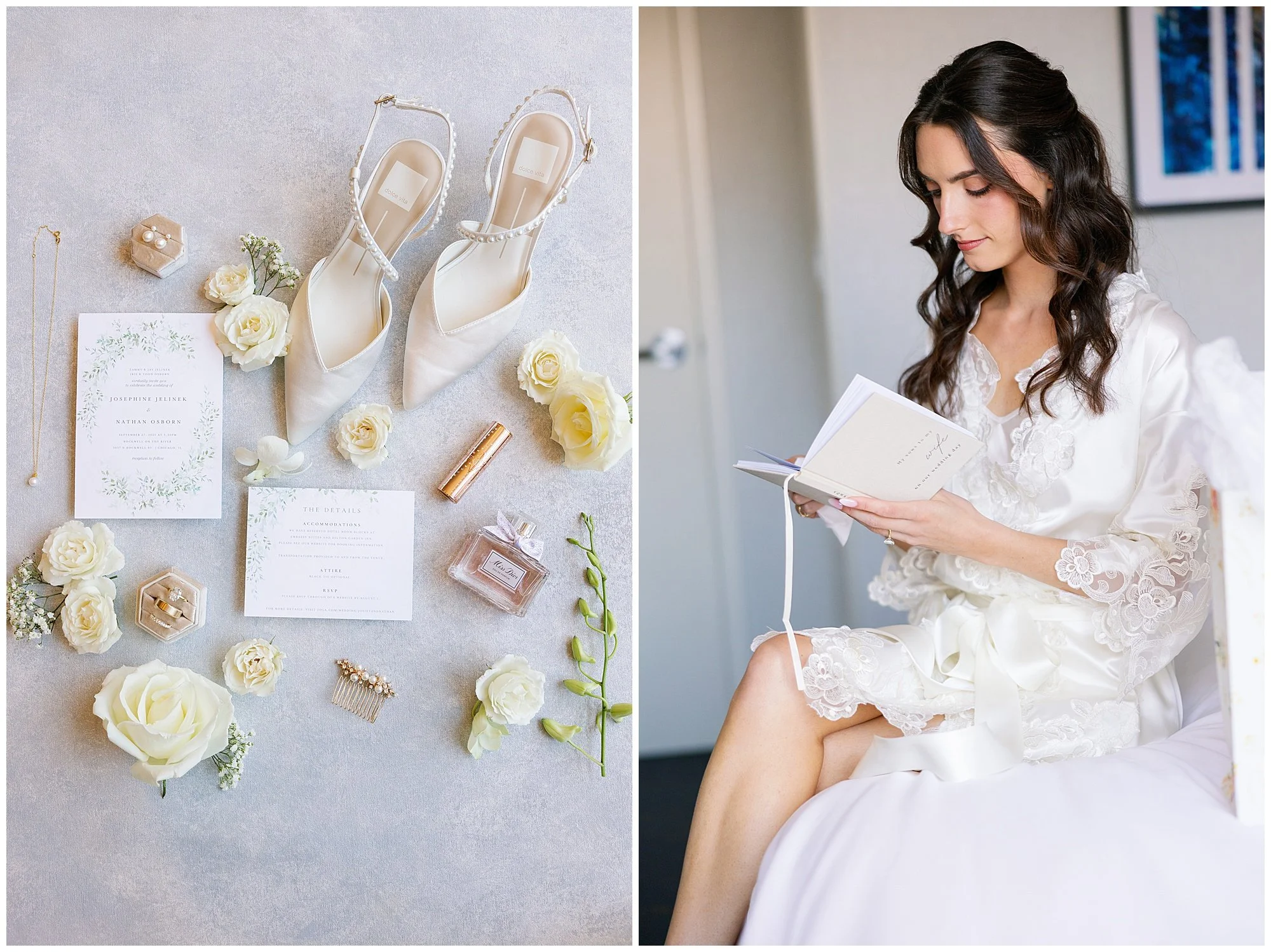  bride getting ready and reading note before rockwell on the river wedding 