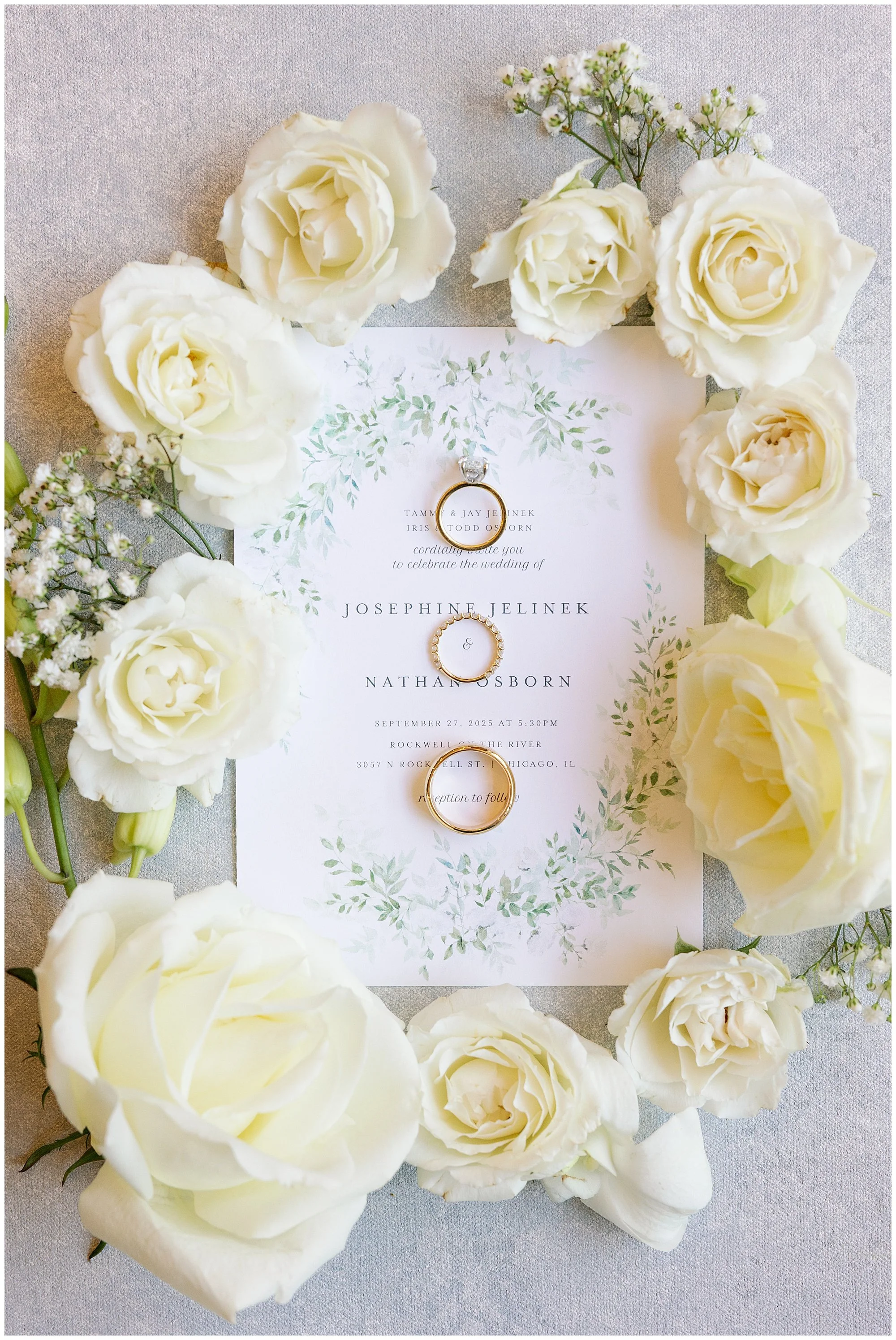  wedding invitation with florals for rockwell on the river wedding 