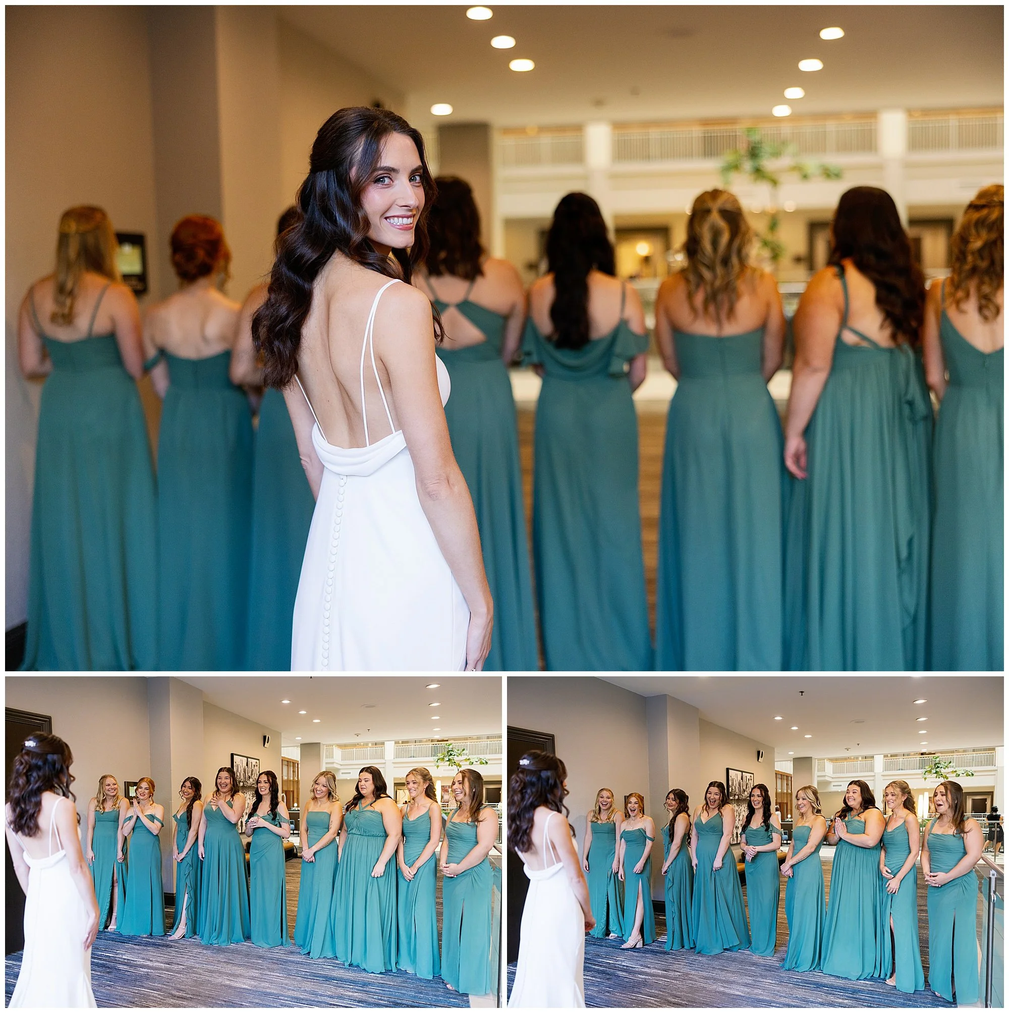  bride with bridesmaid first look before rockwell on the river wedding 