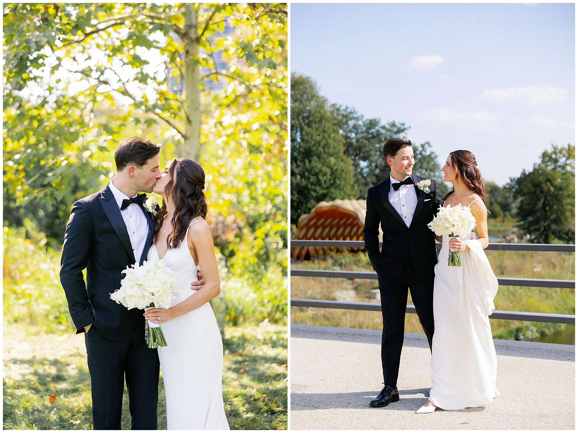  bride and groom walking at lincoln park zoo south pond 