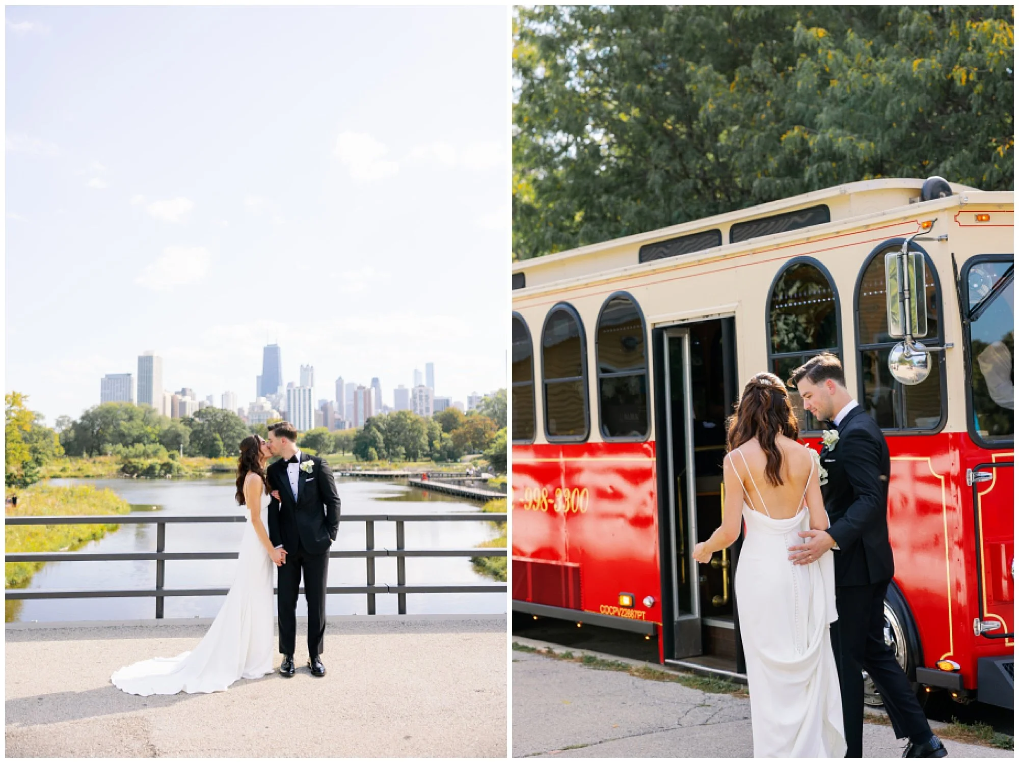  bride and groom getting on trolley at lincoln park zoo south pond 