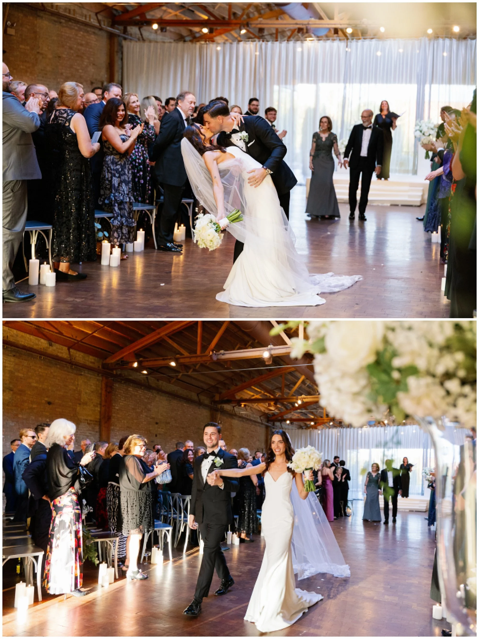  bride and groom kissing in the aisle at rockwell on the river wedding 