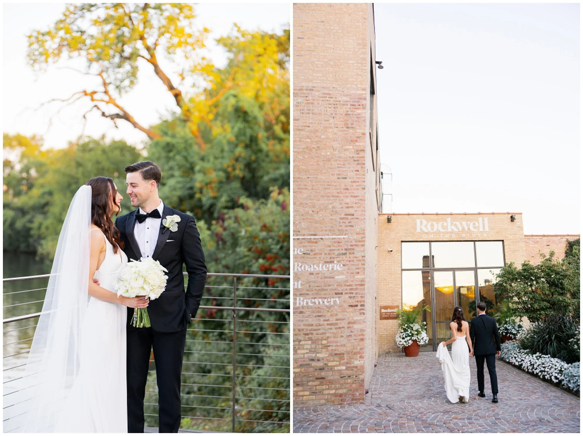  bride and groom walking into rockwell on the river wedding venue   
