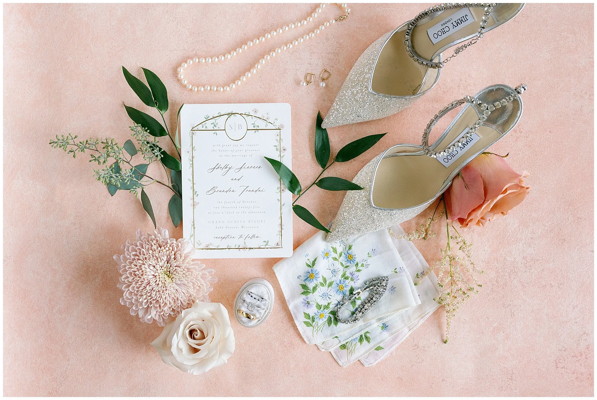  summer bride details on flat lay mat at grand geneva resort lake geneva wedding 