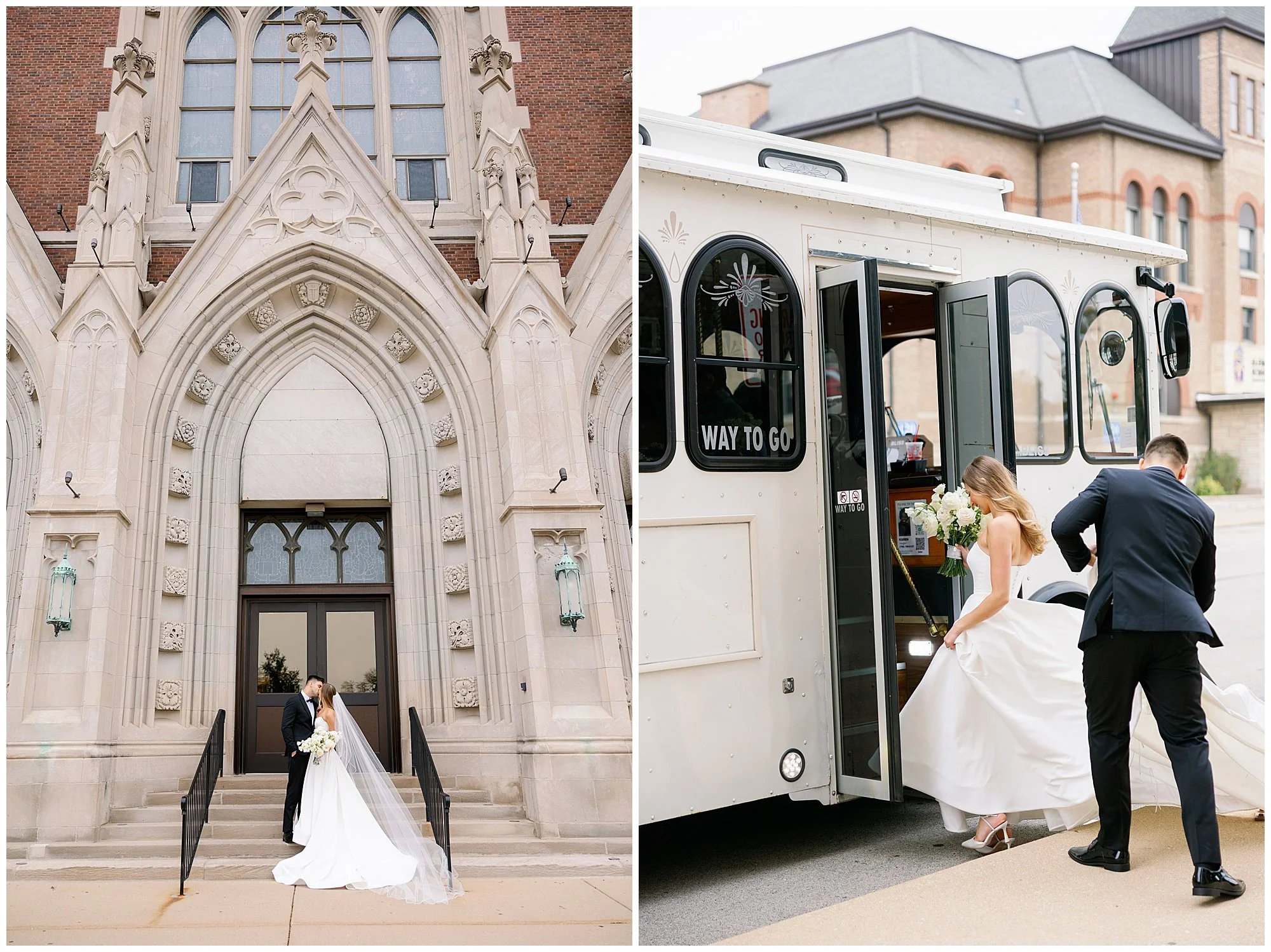  bride and groom getting on trolley for  Mesón Sabika wedding  