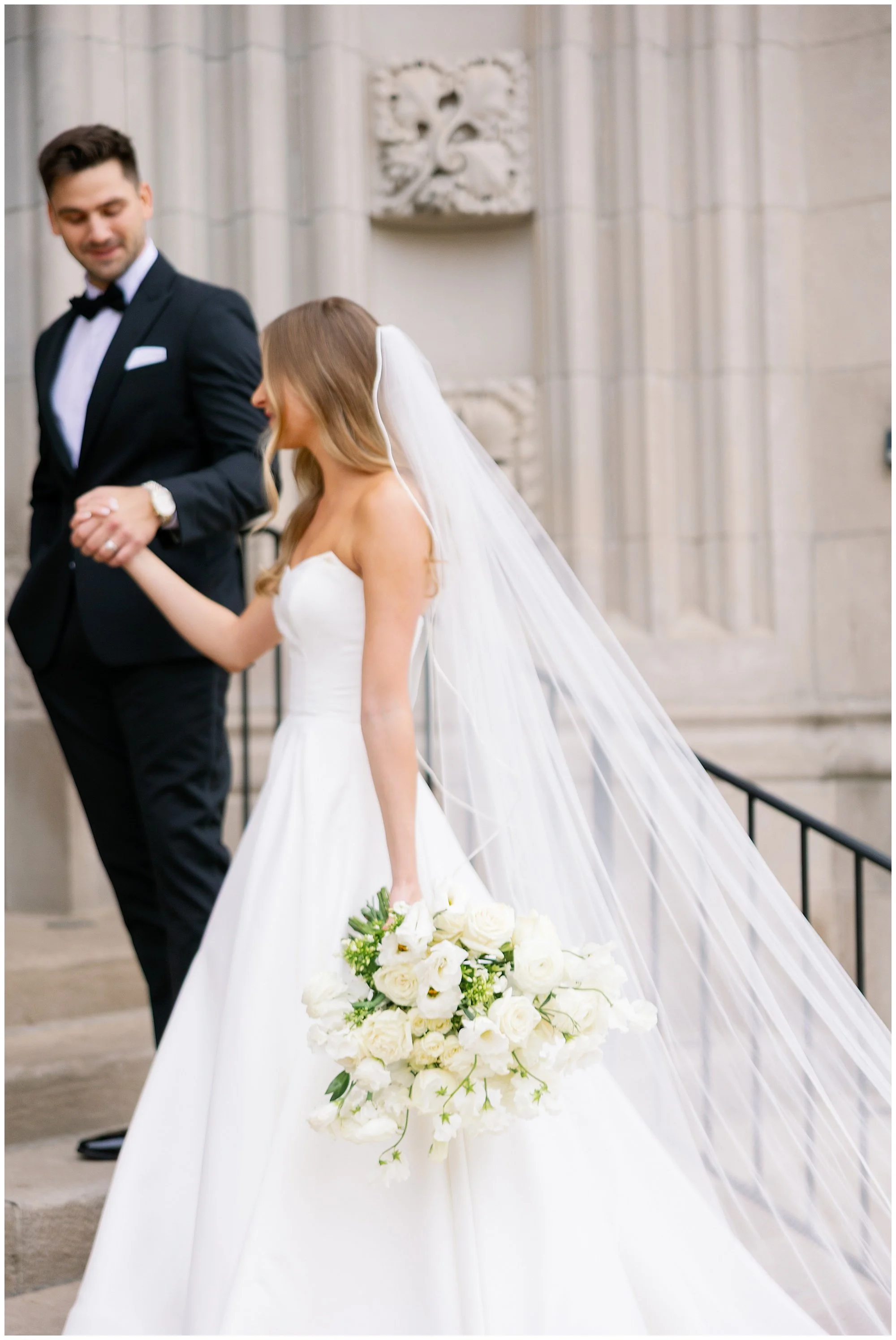  bride and groom walking up stairs at  Mesón Sabika wedding  