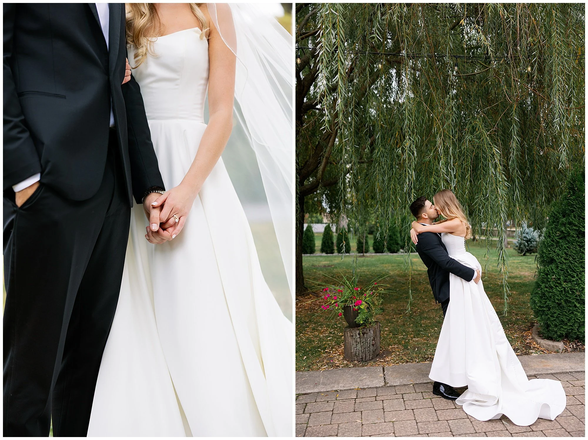  bride and groom photos in front of willow tree at  Mesón Sabika wedding  