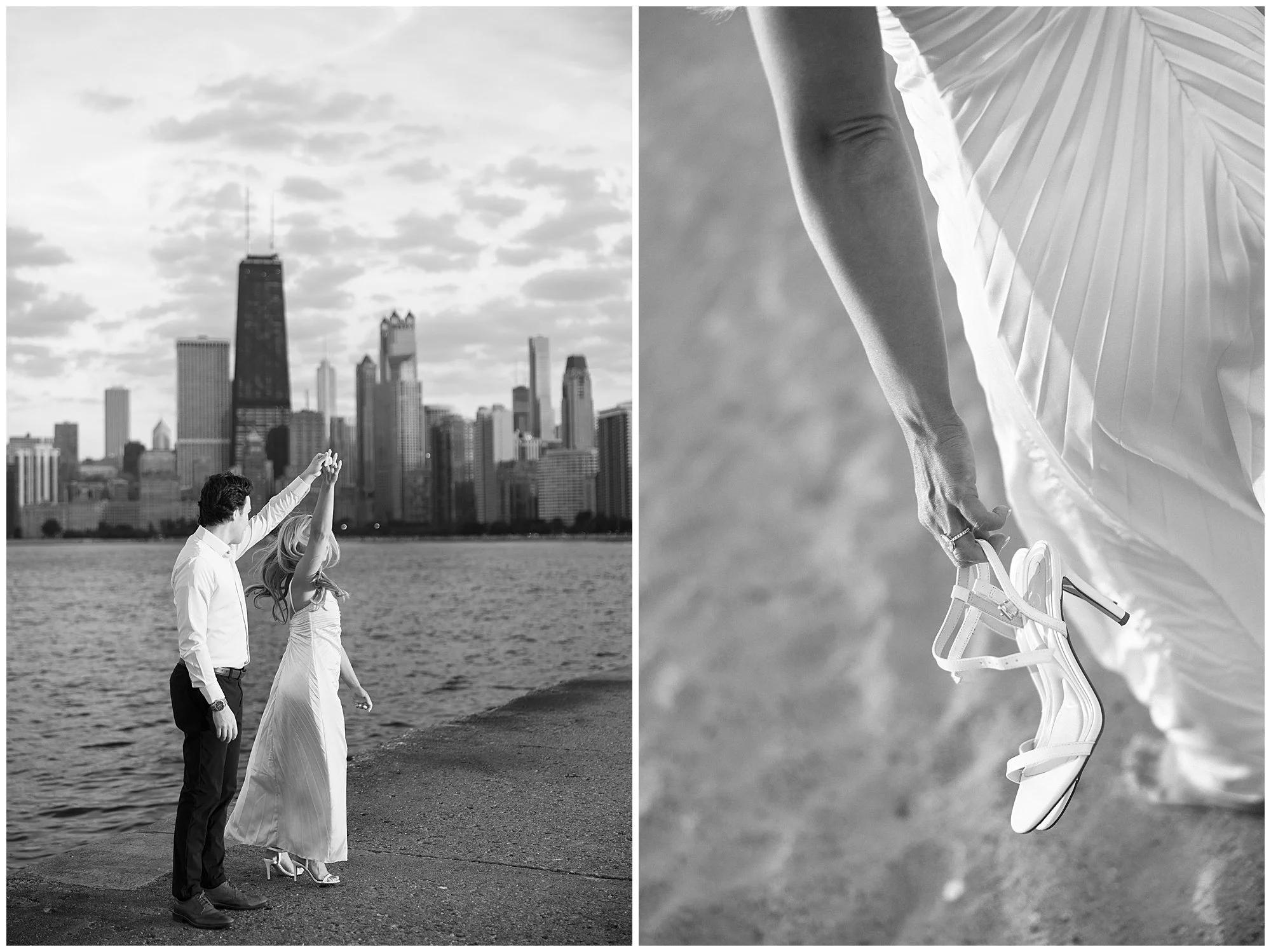  couple dancing in front of skyline at north ave beach engagement photos 