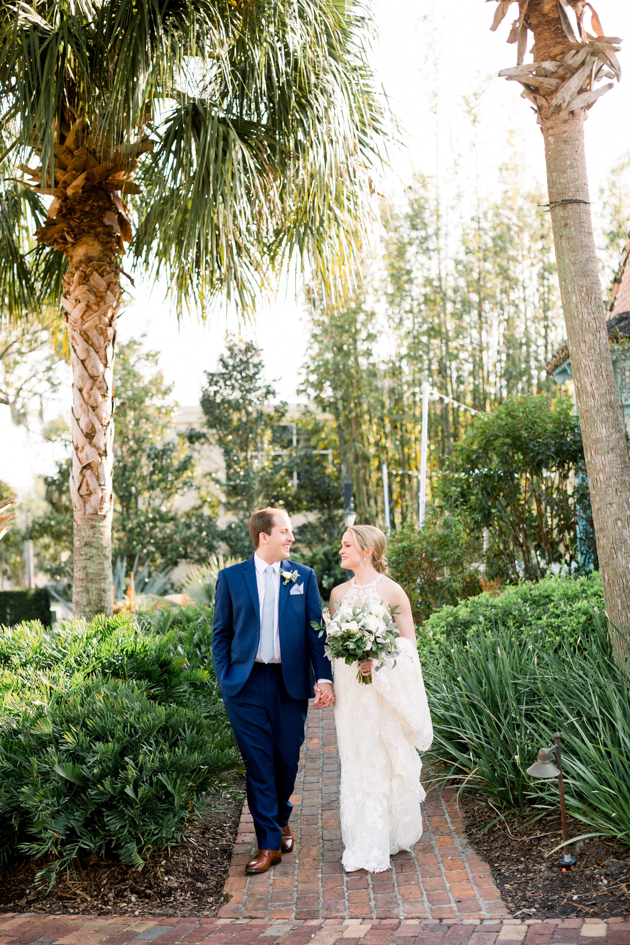 bride and groom walking outside casa feliz in orlando