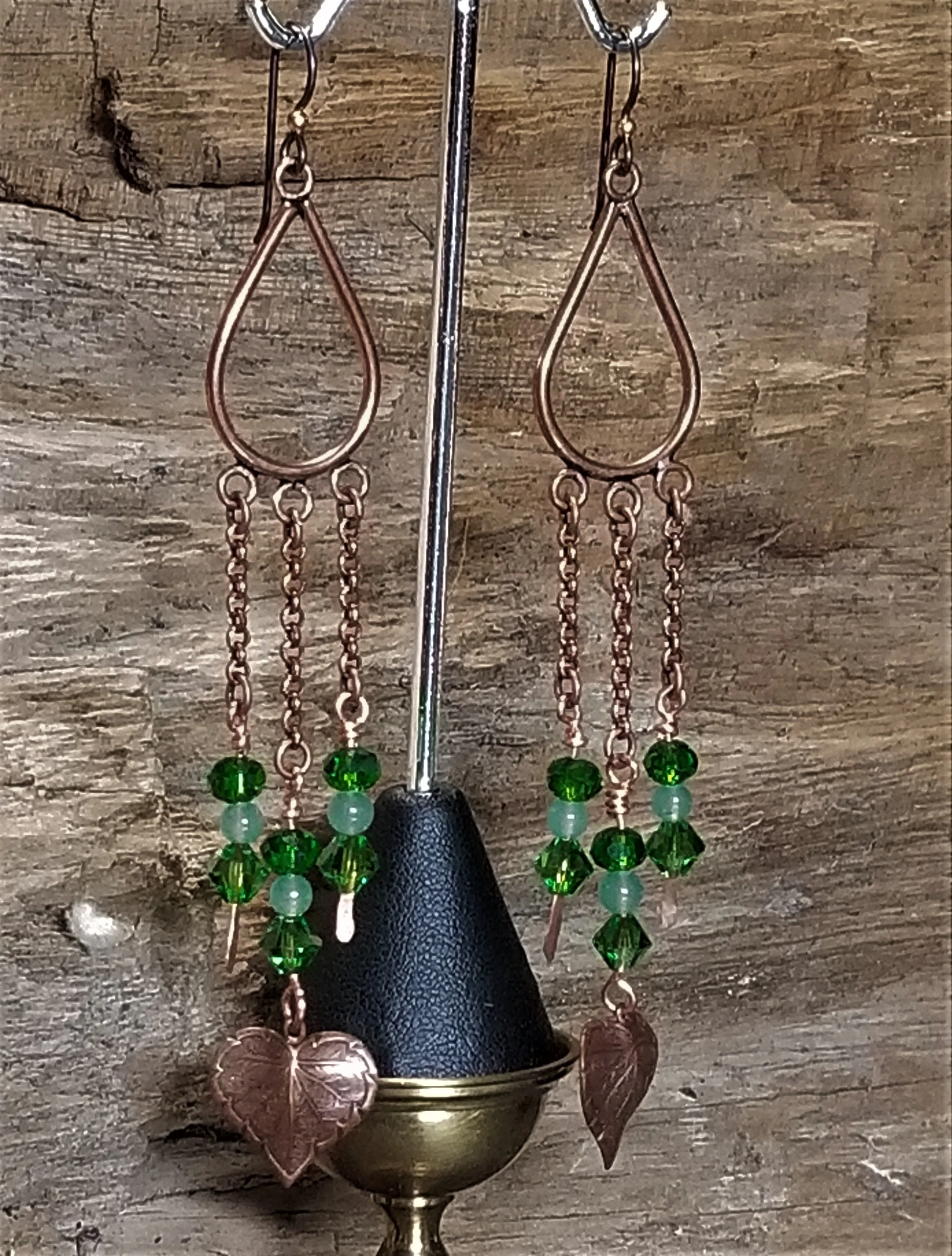 Copper and green crystal leaf earrings