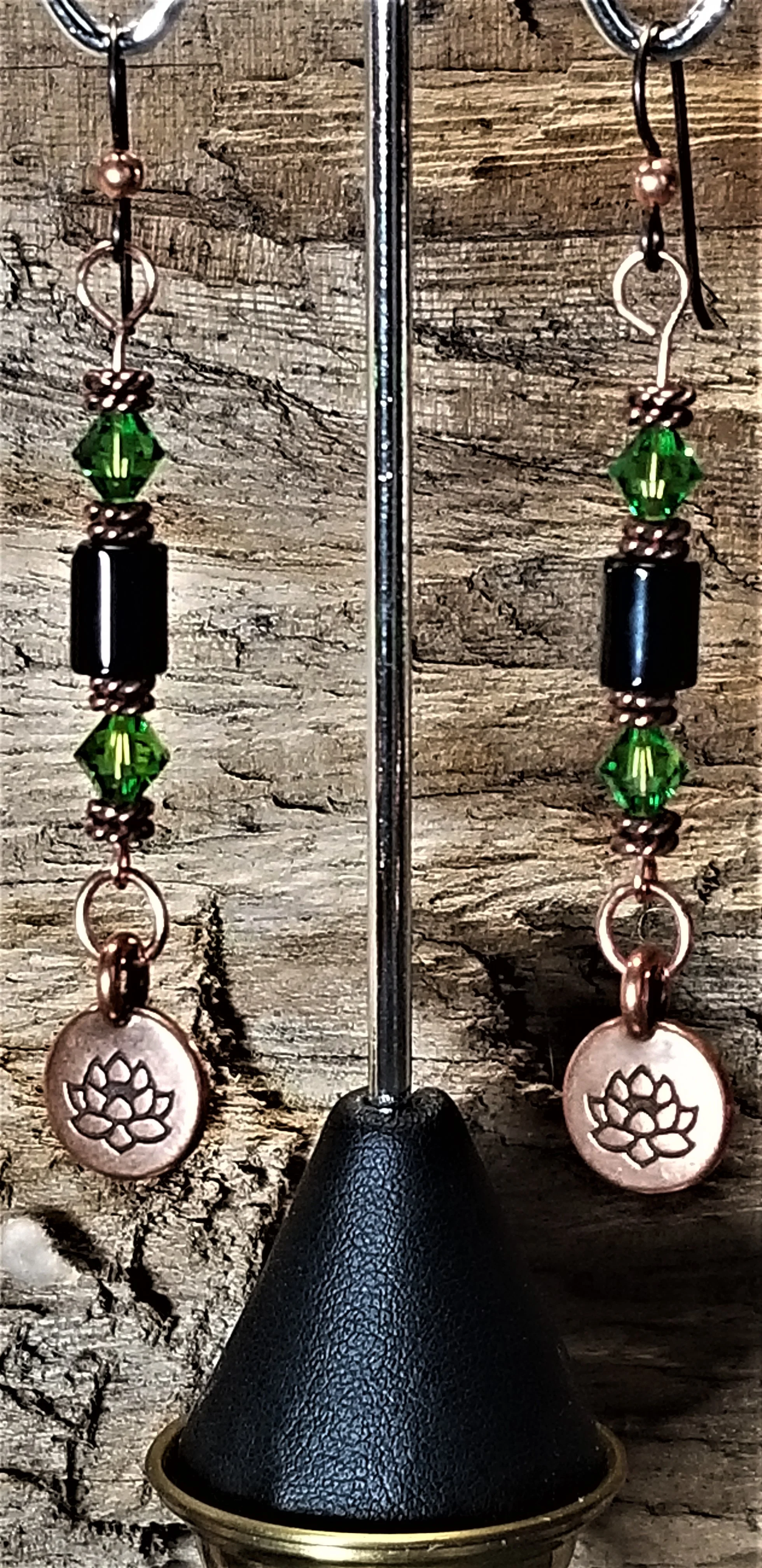 Copper and Onyx Lotus earrings