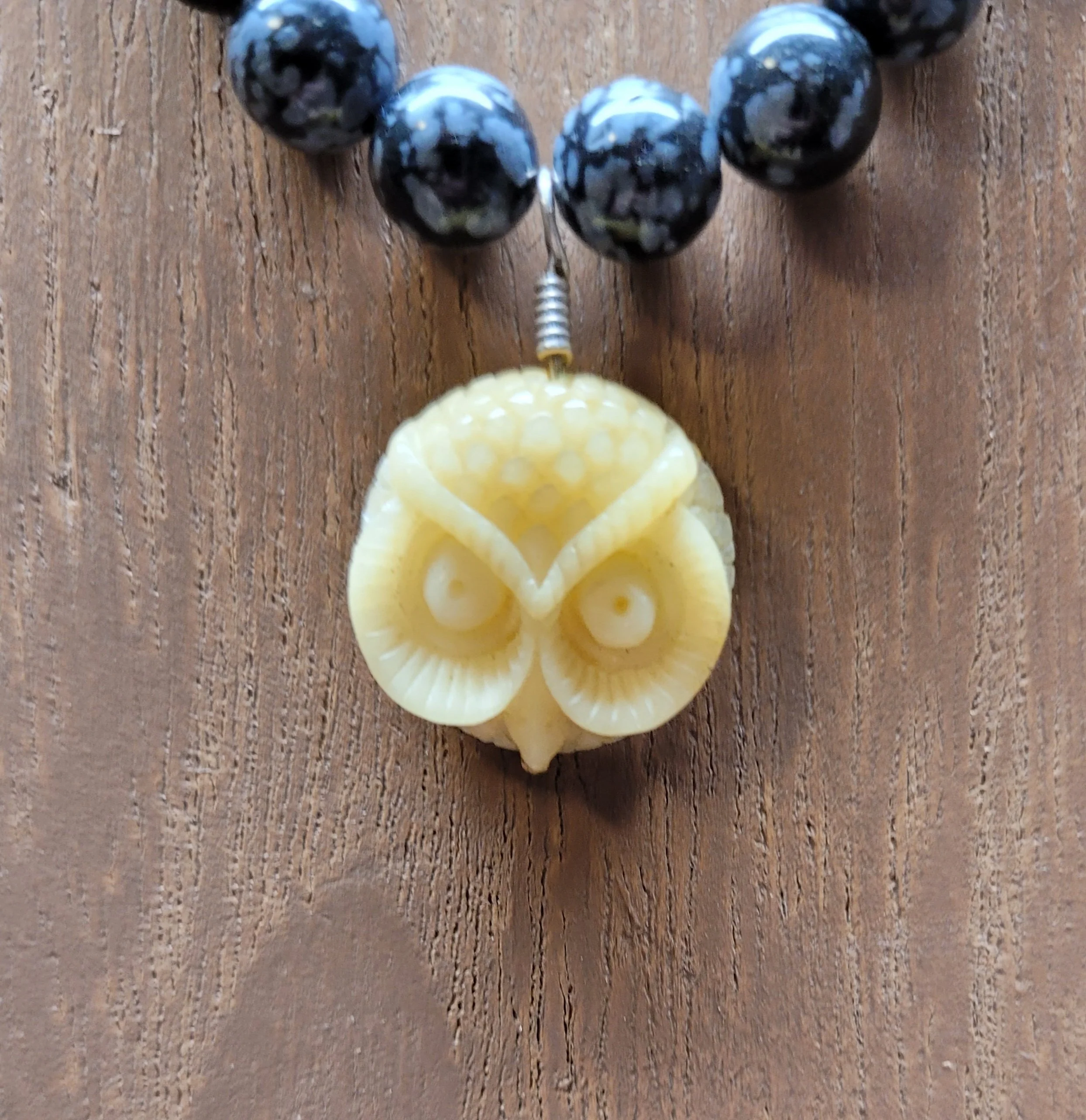 Snowflake Obsidian Beads with Bone Owl