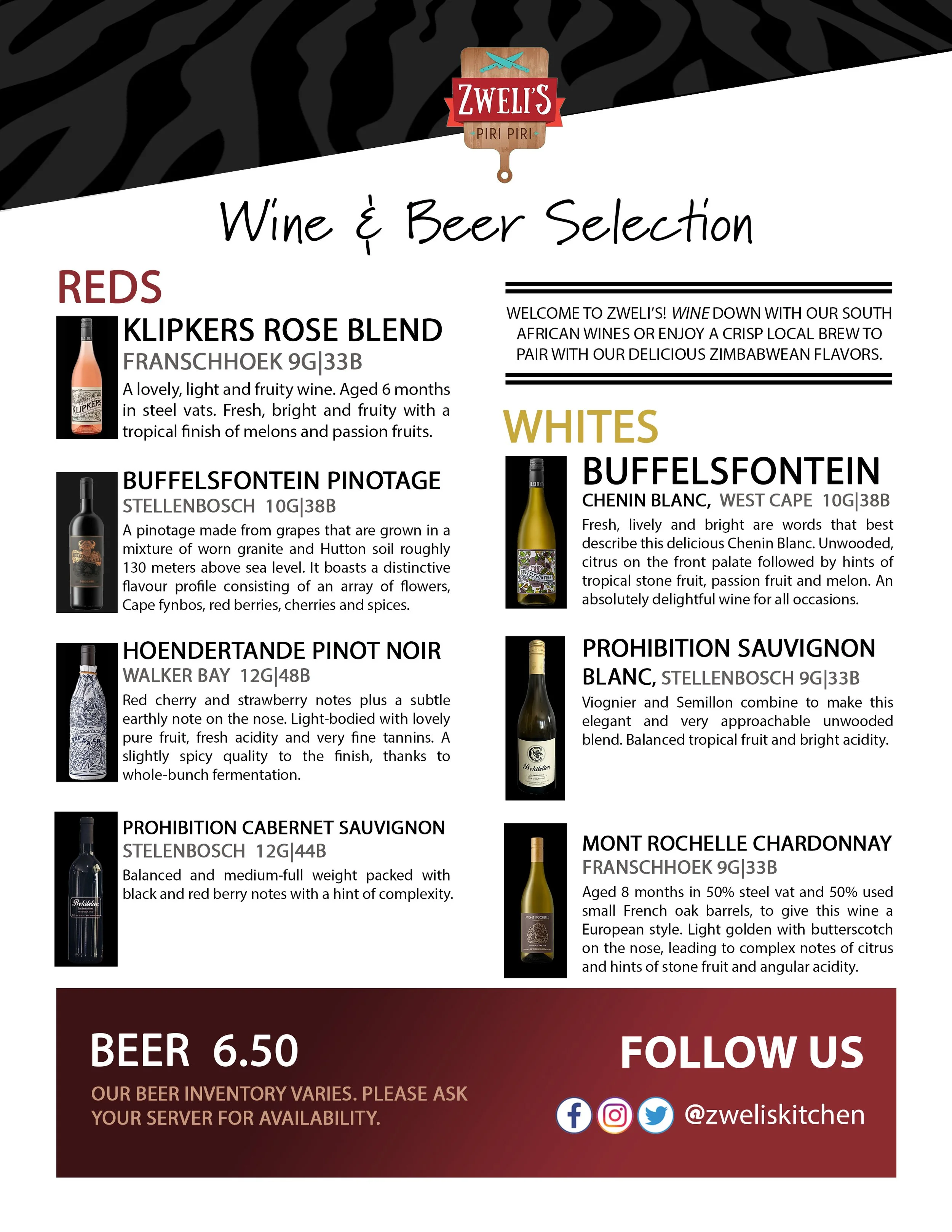 Beer & Wine Menu — Zweli's