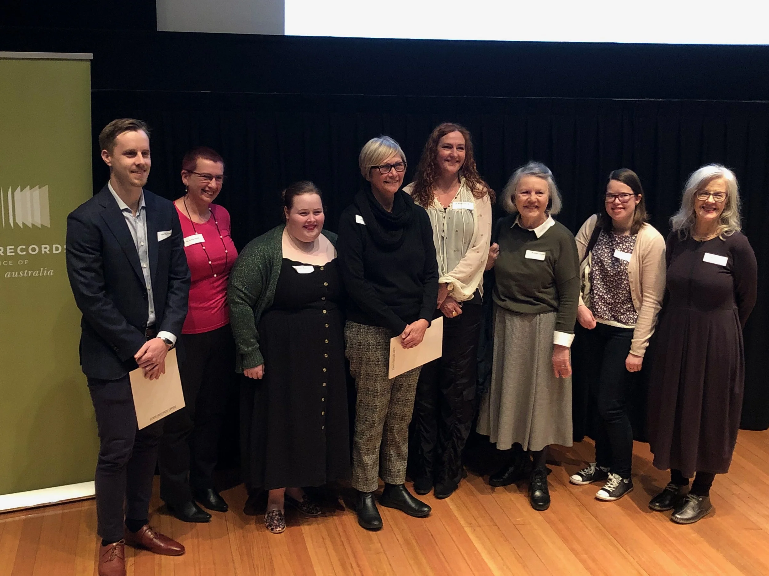  Margaret Medcalf Award Nominees and Commendation winners, Professor Anna Haebich (far right), Dr Louis Marshall (far left), Sue Taffe (not present), and Dr Robin Barrington, winner of the Award (4th from left) . Photo, Jenny Gregory. 
