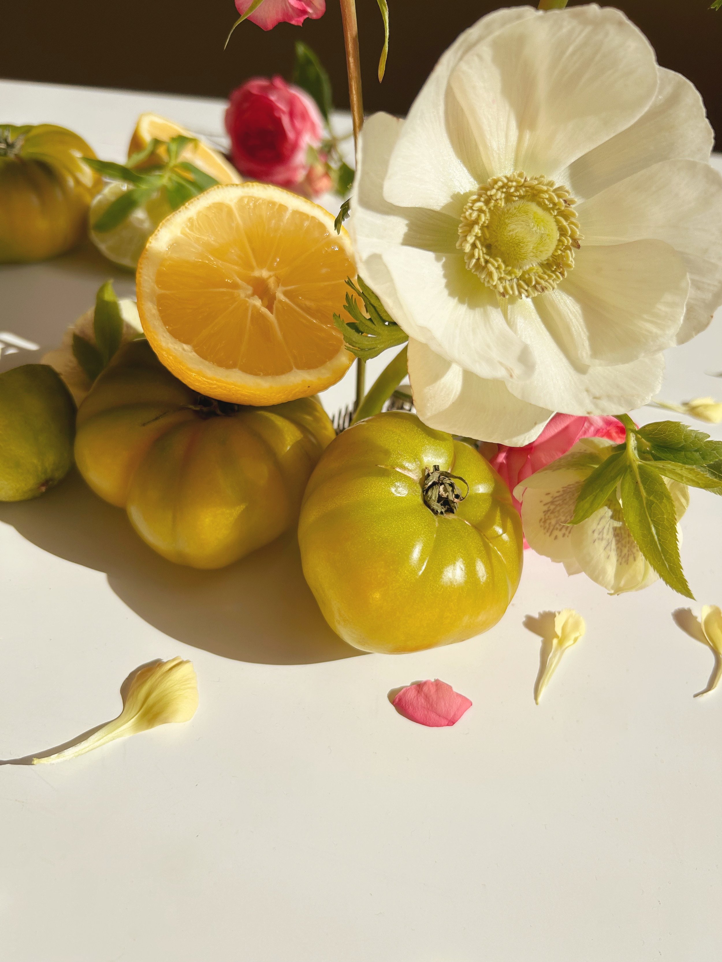 floral still life with fruit