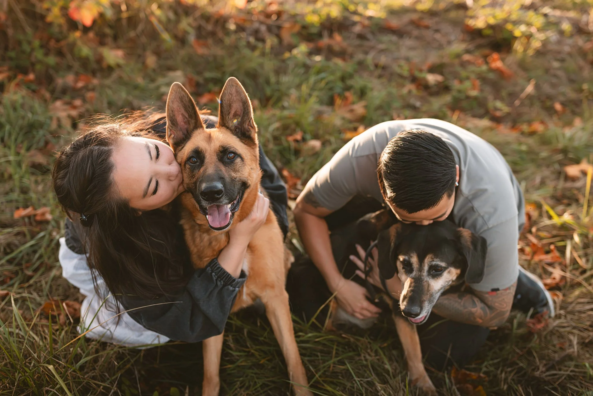 Couple with Their Dogs at Sunset | Seattle Pet and Family Photographer