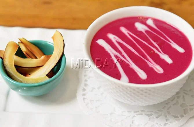 Vegan beetroot, coconut and ginger soup. Pic/Bipin Kokate