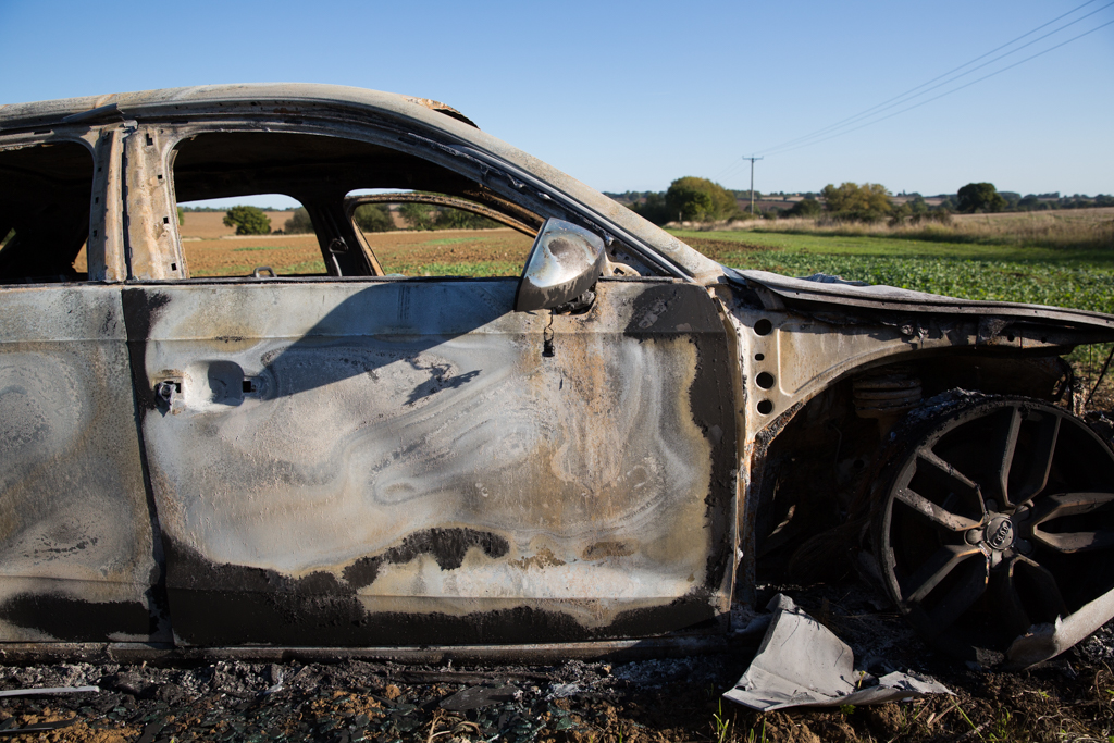 Burnt out Audi. Glaston Road