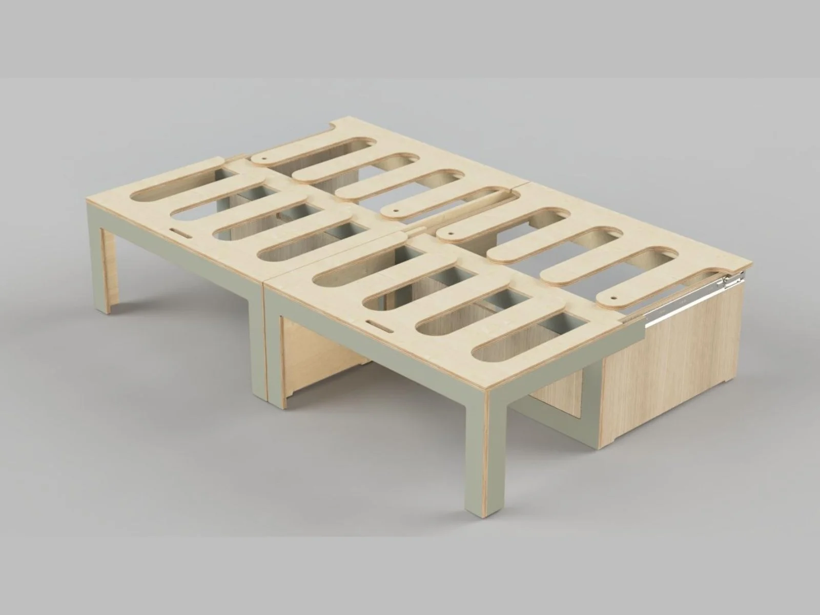 Hytta sliding bed in moss green and oak detail