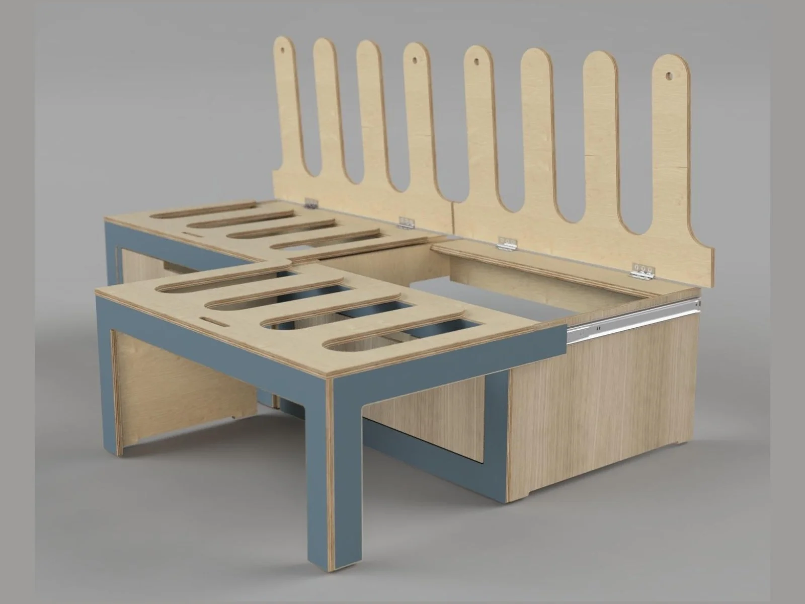 Hytta sliding bed in storm blue and oak detail