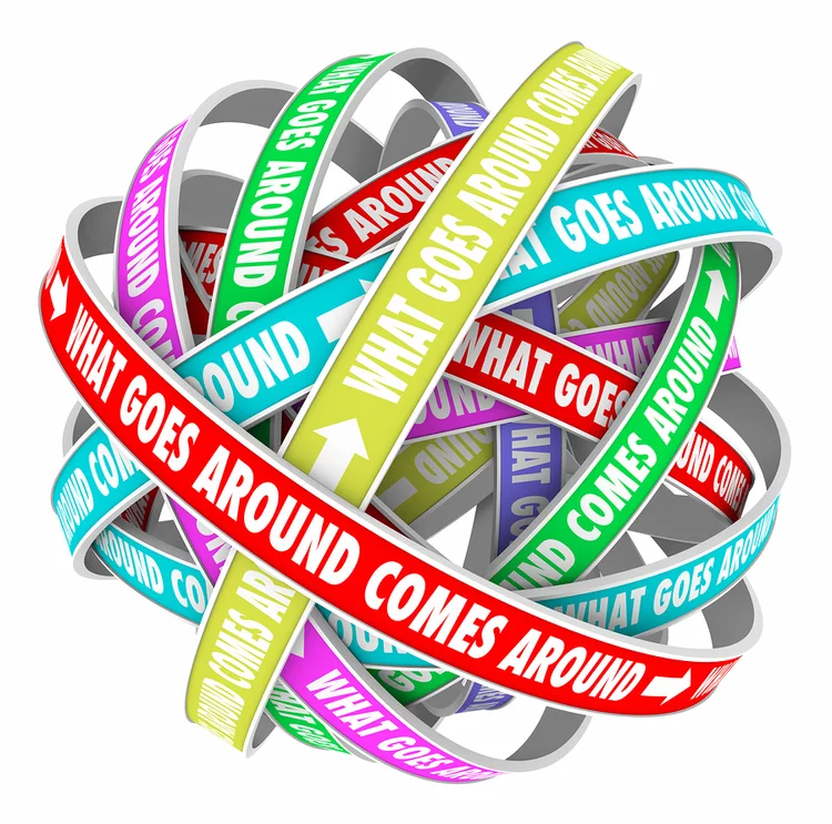 Colorful 3D ribbons intertwined into a sphere, each ribbon featuring the phrase 'What goes around comes around' in bold text.