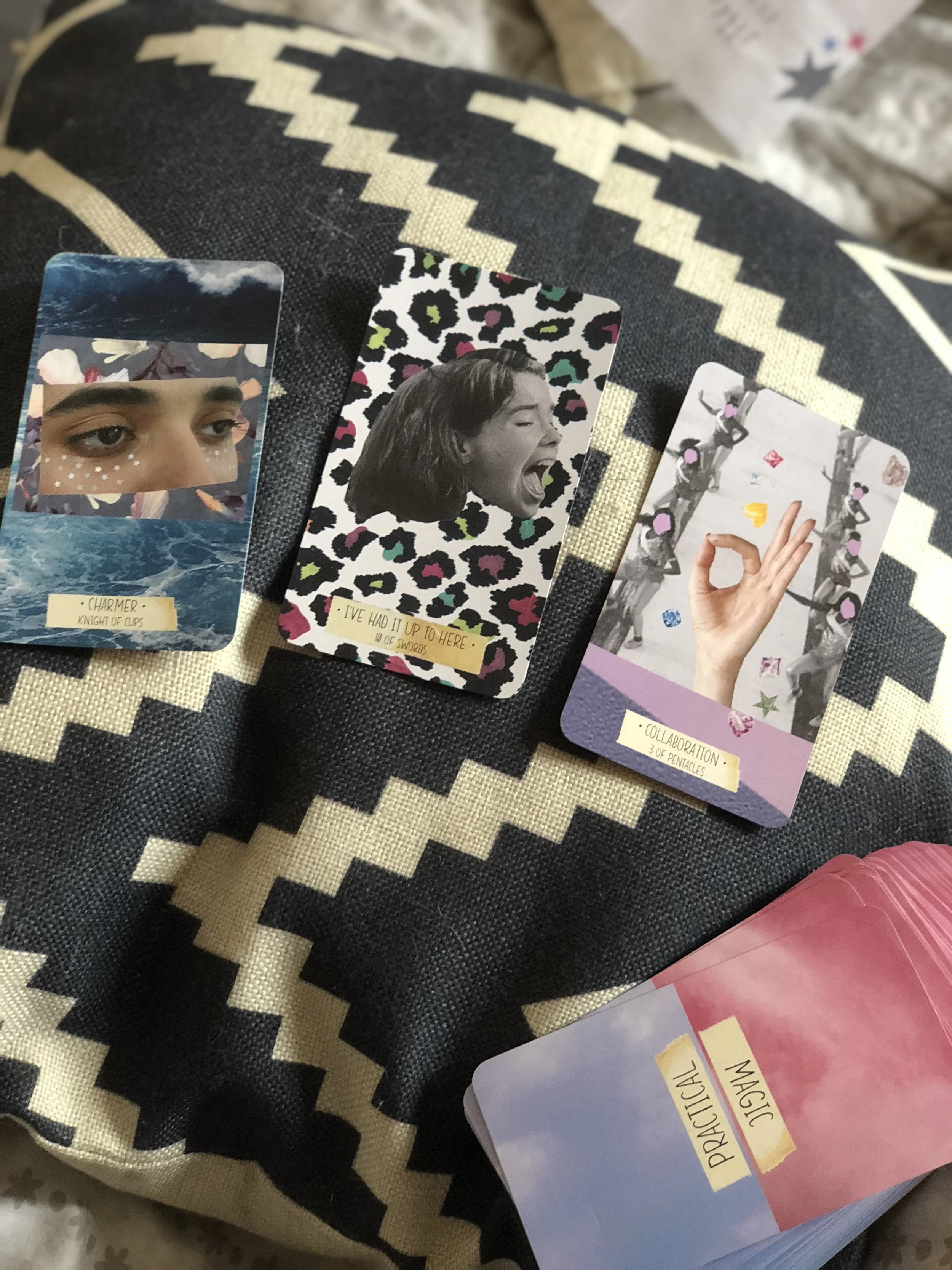 In this order: The Charmer: Knight of Cups, 10 of Swords (catchphrase: I’ve had it up to here) & 3 of spectacles (catchphrase Collaboration) 