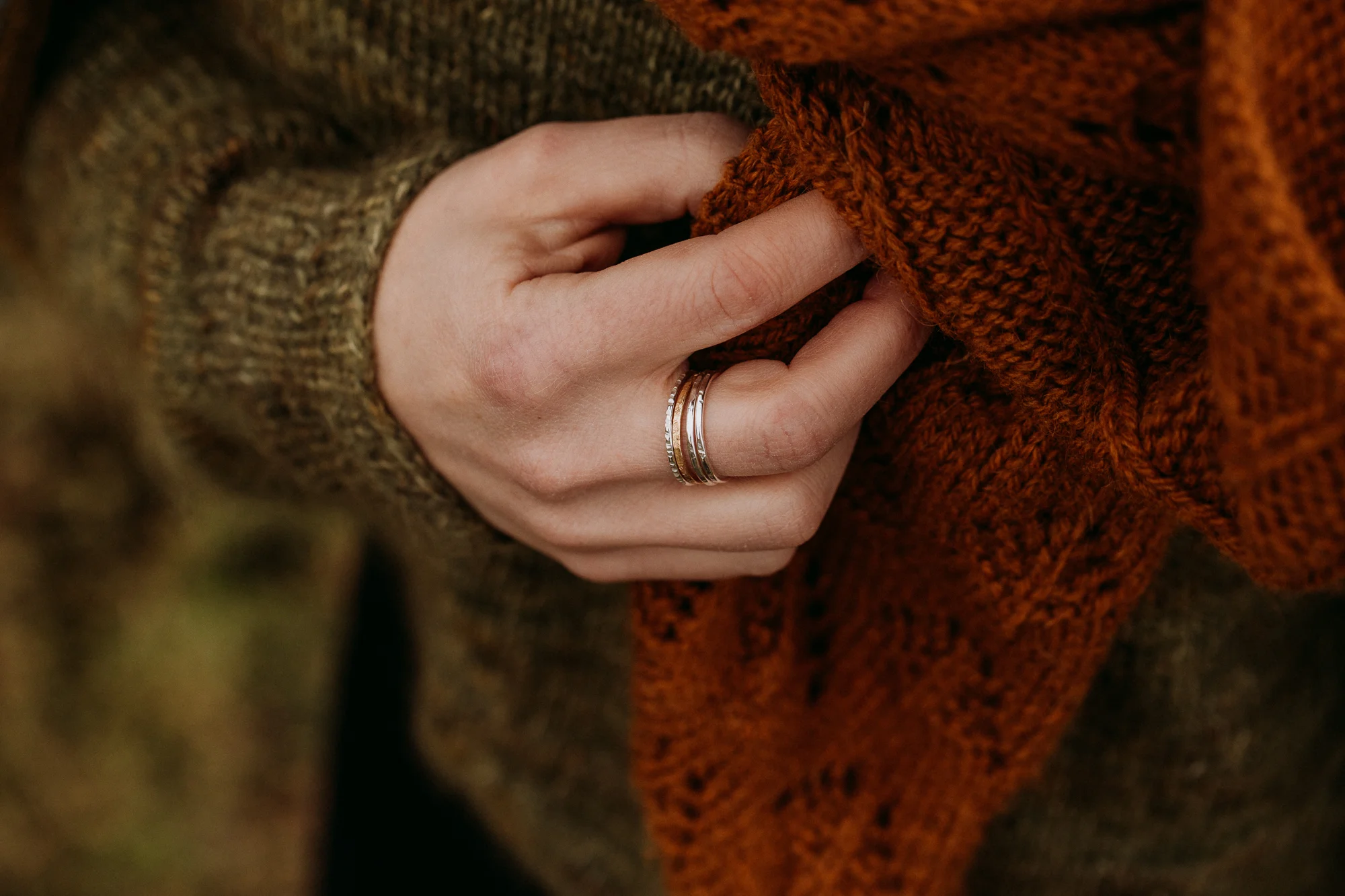 The Barkskin stacking ring set - from the bottom up; oak, gold, beech and rowan.